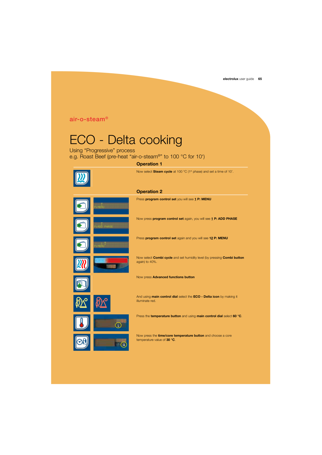 Electrolux 180 manual ECO - Delta cooking, air-o-steam, Using “Progressive” process, Operation, electrolux user guide 