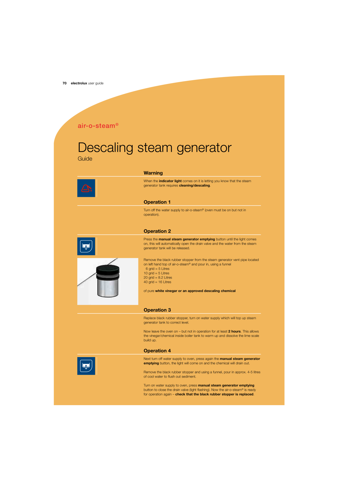 Electrolux 180 manual Descaling steam generator, air-o-steam, Guide, Operation, electrolux user guide 