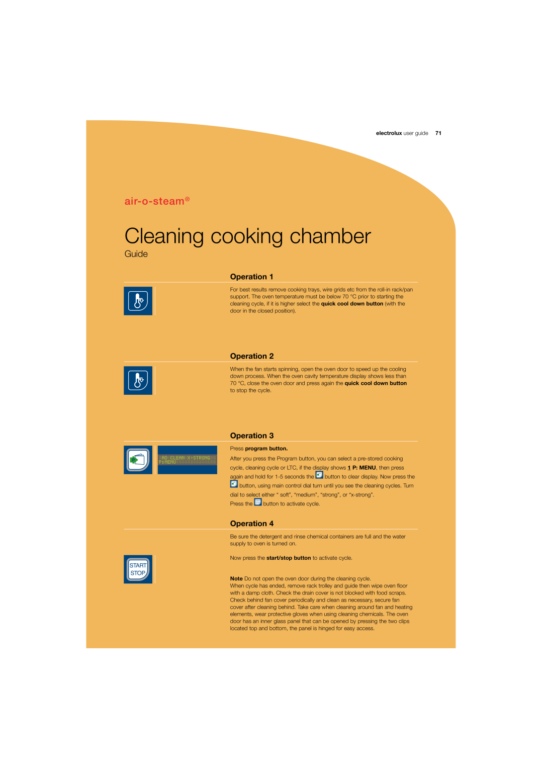 Electrolux 180 manual Cleaning cooking chamber, air-o-steam, Guide, Operation, Start Stop, electrolux user guide 
