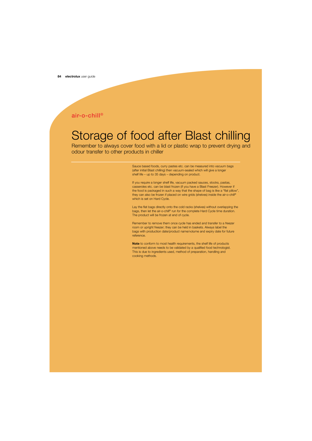 Electrolux 180 manual Storage of food after Blast chilling, air-o-chill, electrolux user guide 