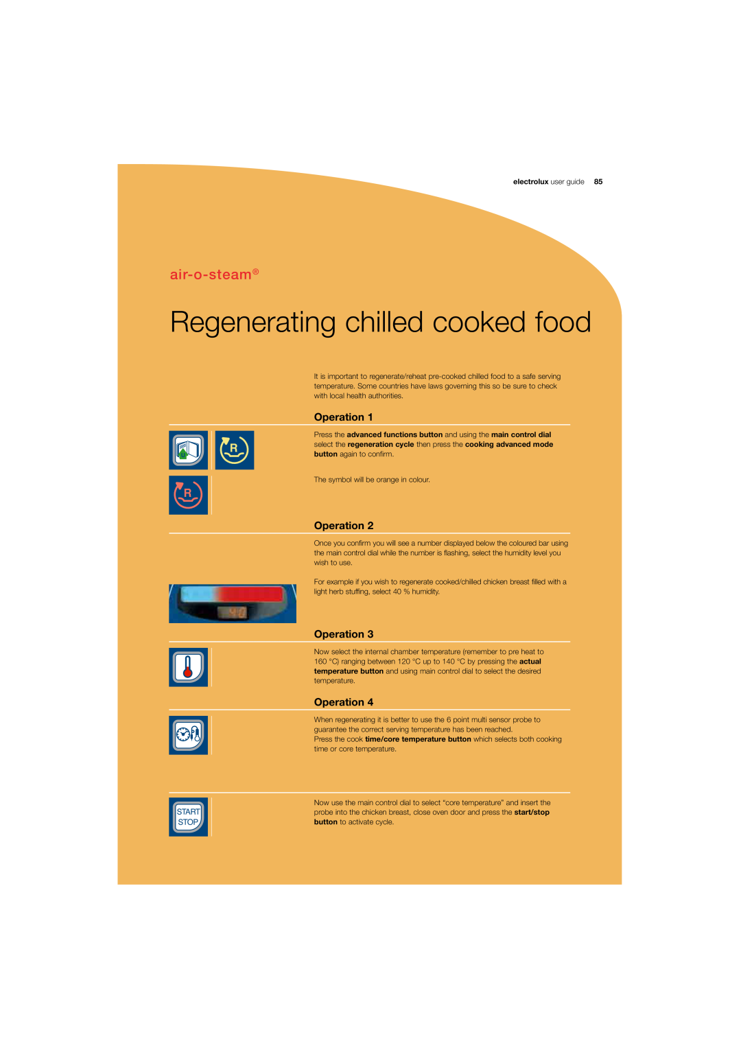 Electrolux 180 manual Regenerating chilled cooked food, air-o-steam, Operation, Start Stop, electrolux user guide 