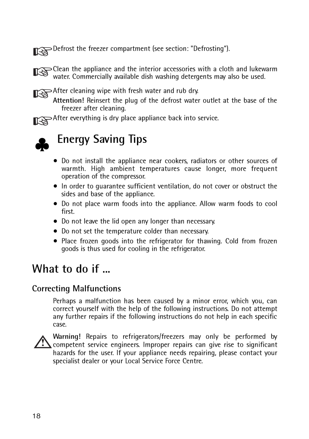Electrolux 189 GT, 261 GT operating instructions Energy Saving Tips, What to do if, Correcting Malfunctions 