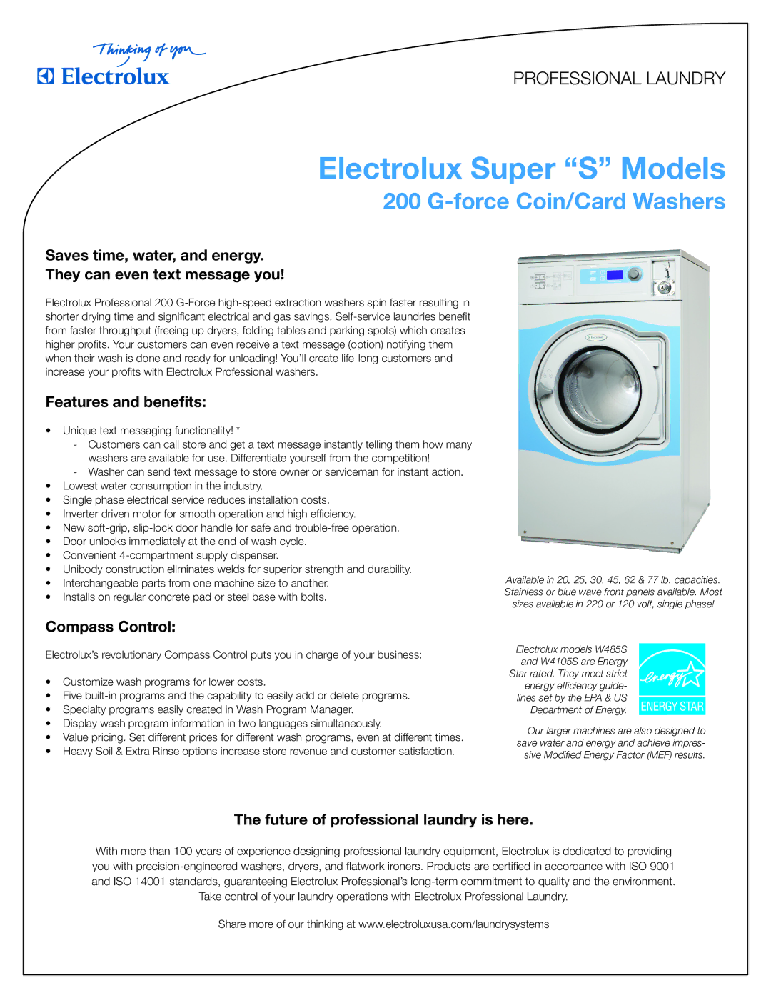 Electrolux 200 G-FORCE manual Electrolux Super S Models, Force Coin/Card Washers, Features and benefits, Compass Control 