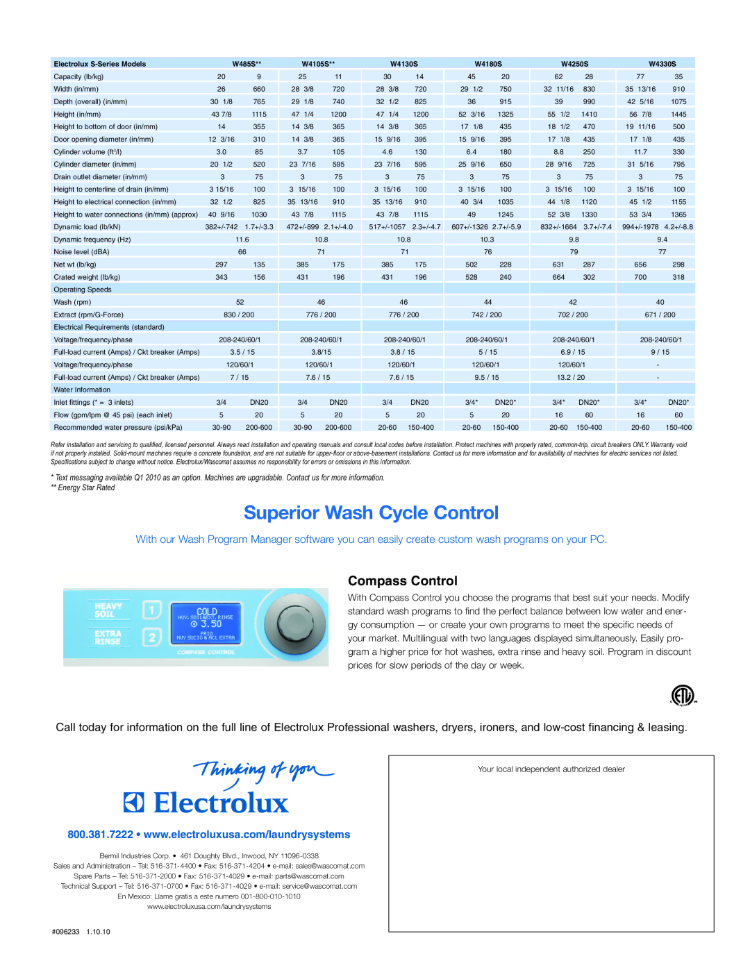 Electrolux 200 G-FORCE manual Superior Wash Cycle Control, Compass Control 