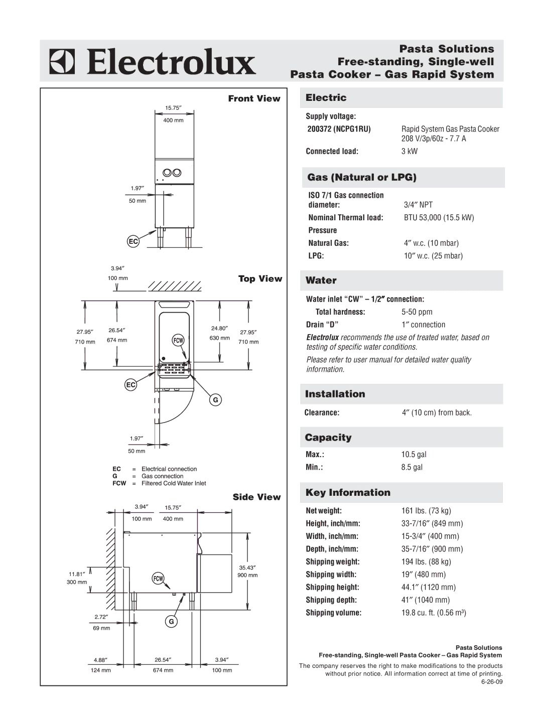 Electrolux 200372, NCPG1RU warranty Electric, Gas Natural or LPG, Water, Installation, Capacity, Key Information 