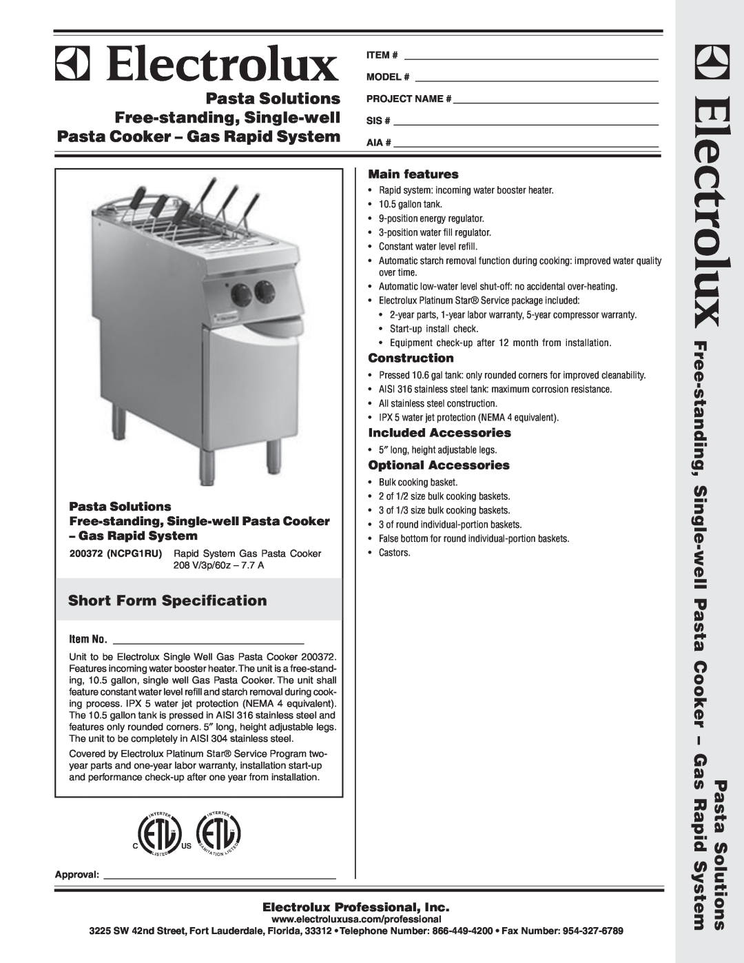 Electrolux NCPG1RU warranty Short Form Specification, Solutions System, Pasta Solutions, Gas Rapid System, Main features 