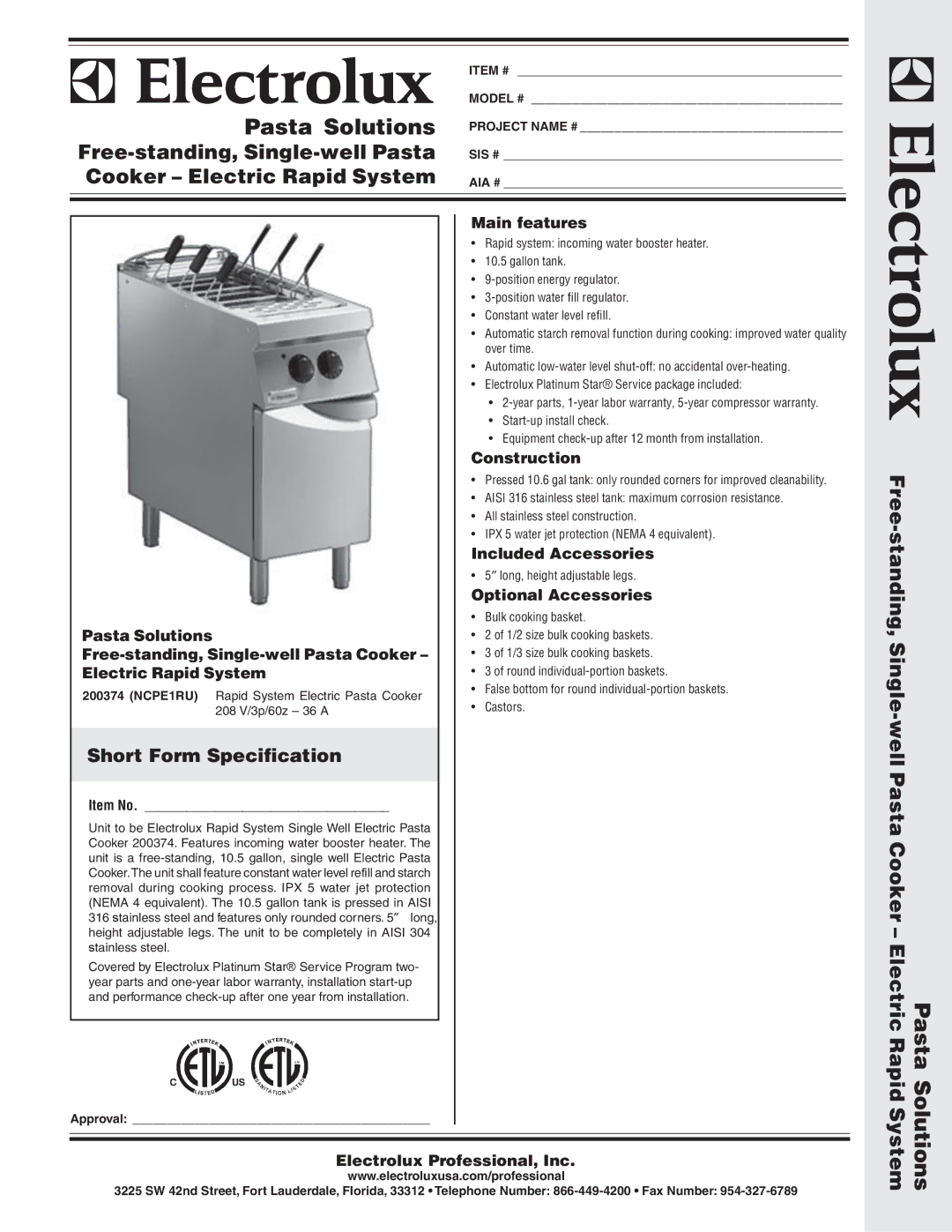 Electrolux NCPE1RU, 200374 warranty Main features, Construction, Included Accessories, Optional Accessories 