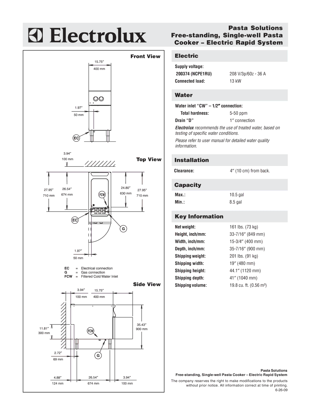 Electrolux 200374, NCPE1RU warranty Electric, Water, Installation, Capacity, Key Information 