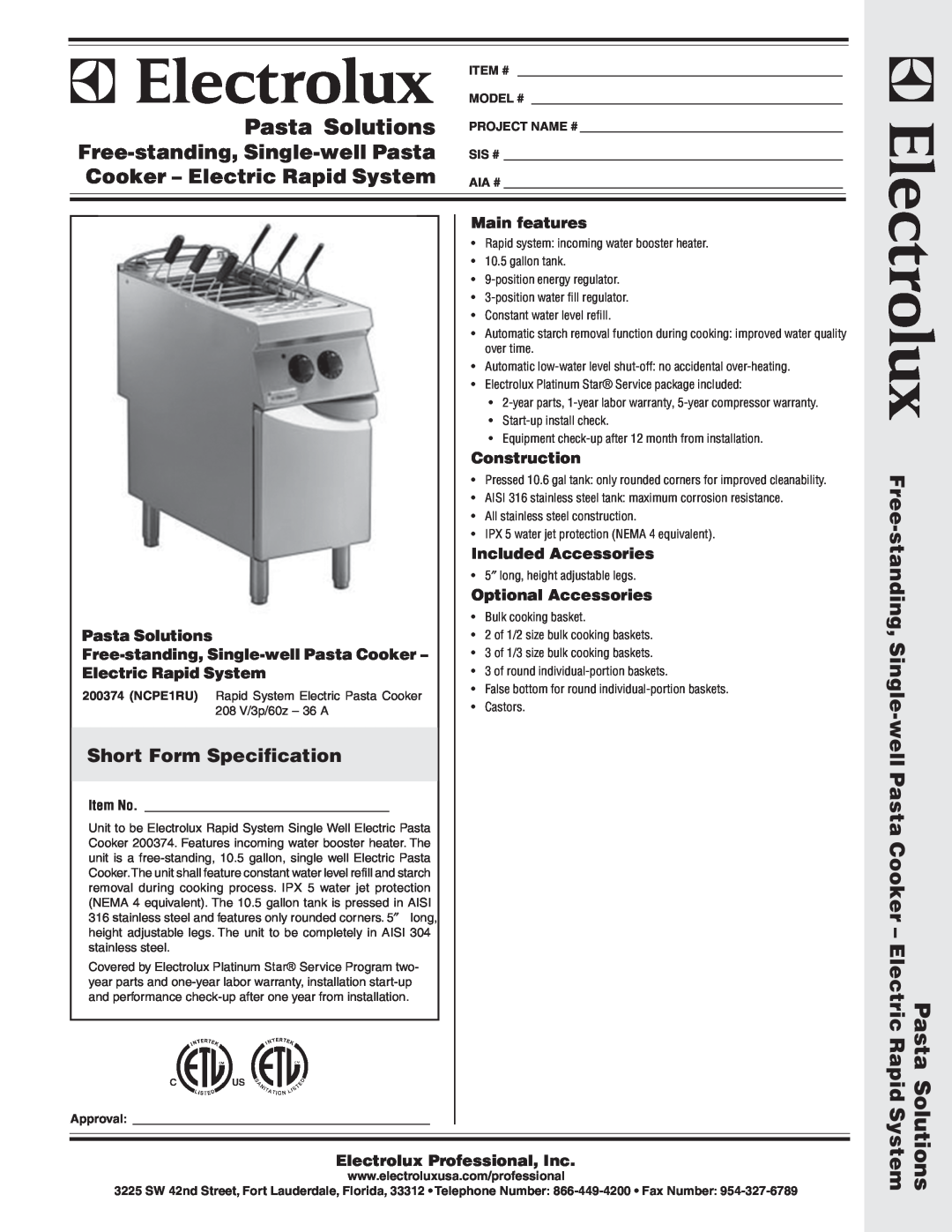 Electrolux NCPE1RU, 200374 warranty Short Form Specification, Pasta Solutions, Free-standing, Single-wellPasta Cooker 