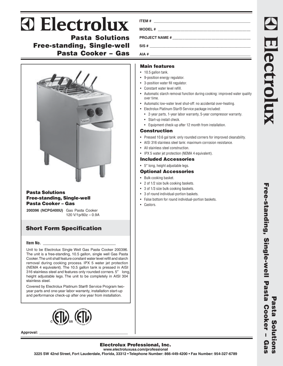 Electrolux 200396 (NCPG400U) warranty Pasta Solutions, Free-standing, Single-well, Pasta Cooker Gas 