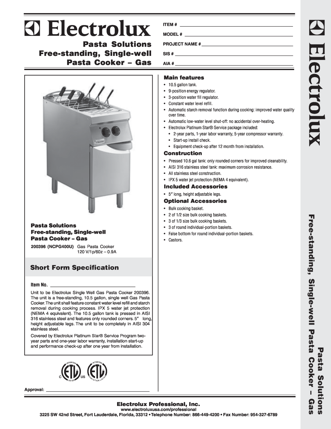 Electrolux 200396 (NCPG400U) warranty Short Form Specification, Solutions - Gas, Pasta Cooker - Gas, Main features 