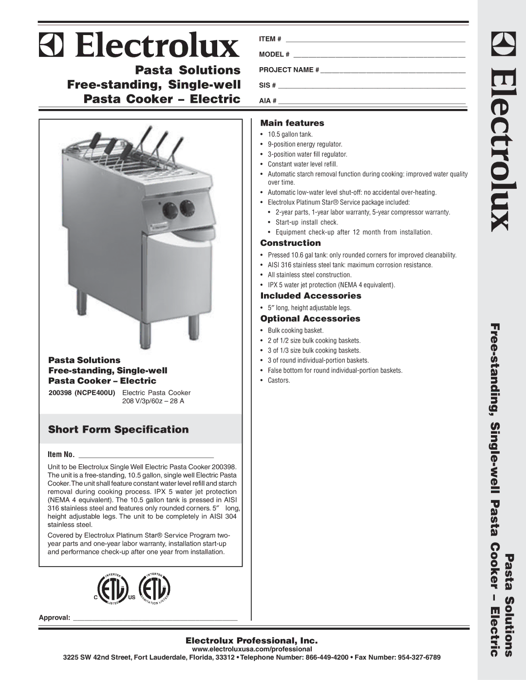 Electrolux NCPE400U warranty Pasta Solutions, Free-standing, Single-well, Pasta Cooker Electric, Solutions Electric 