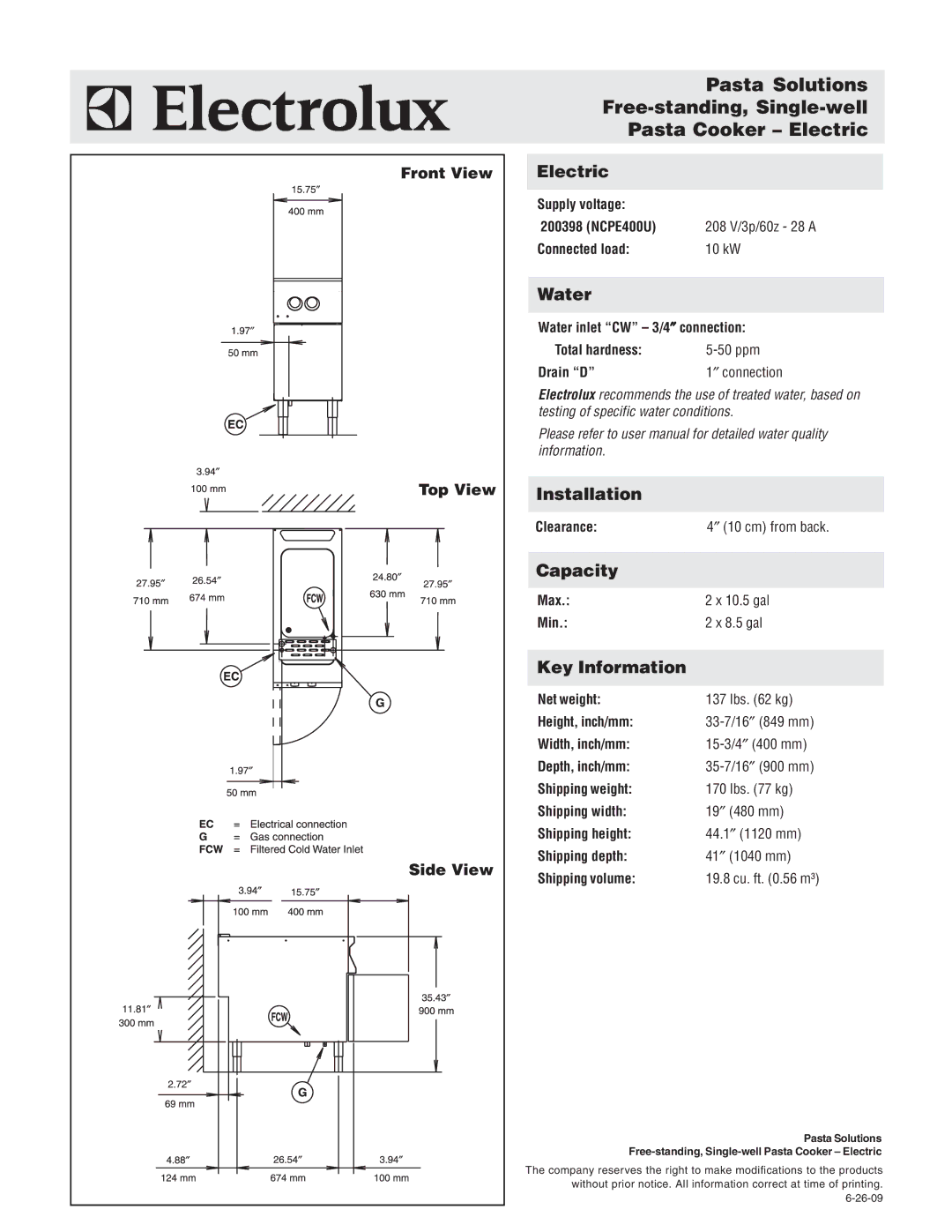 Electrolux 200398, NCPE400U warranty Electric, Water, Installation, Capacity, Key Information 