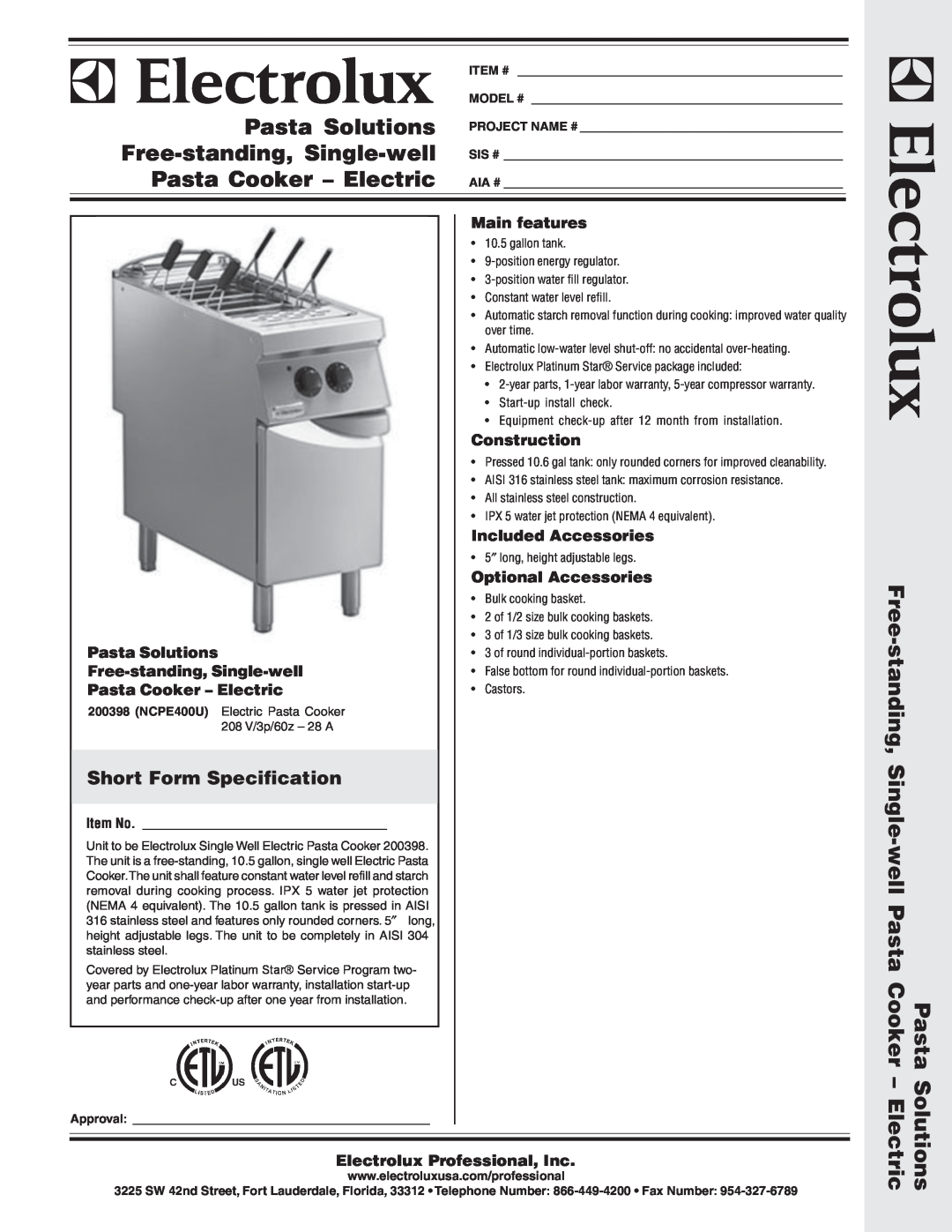 Electrolux NCPE400U warranty Short Form Specification, Solutions Electric, Pasta Solutions Free-standing, Single-well 