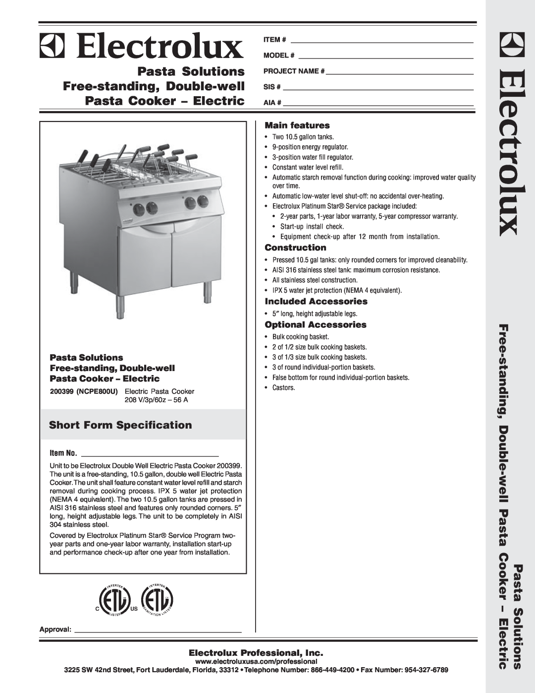 Electrolux NCPE800U warranty Short Form Specification, Solutions Electric, Pasta Solutions Free-standing, Double-well 