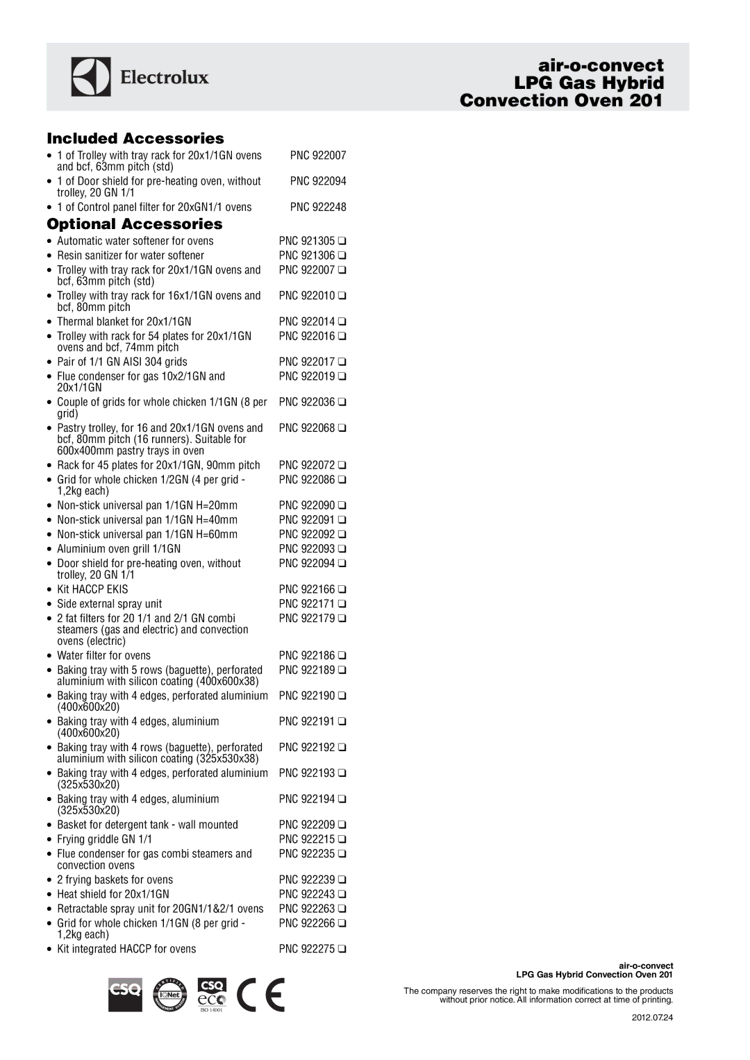 Electrolux 201 manual Included Accessories 