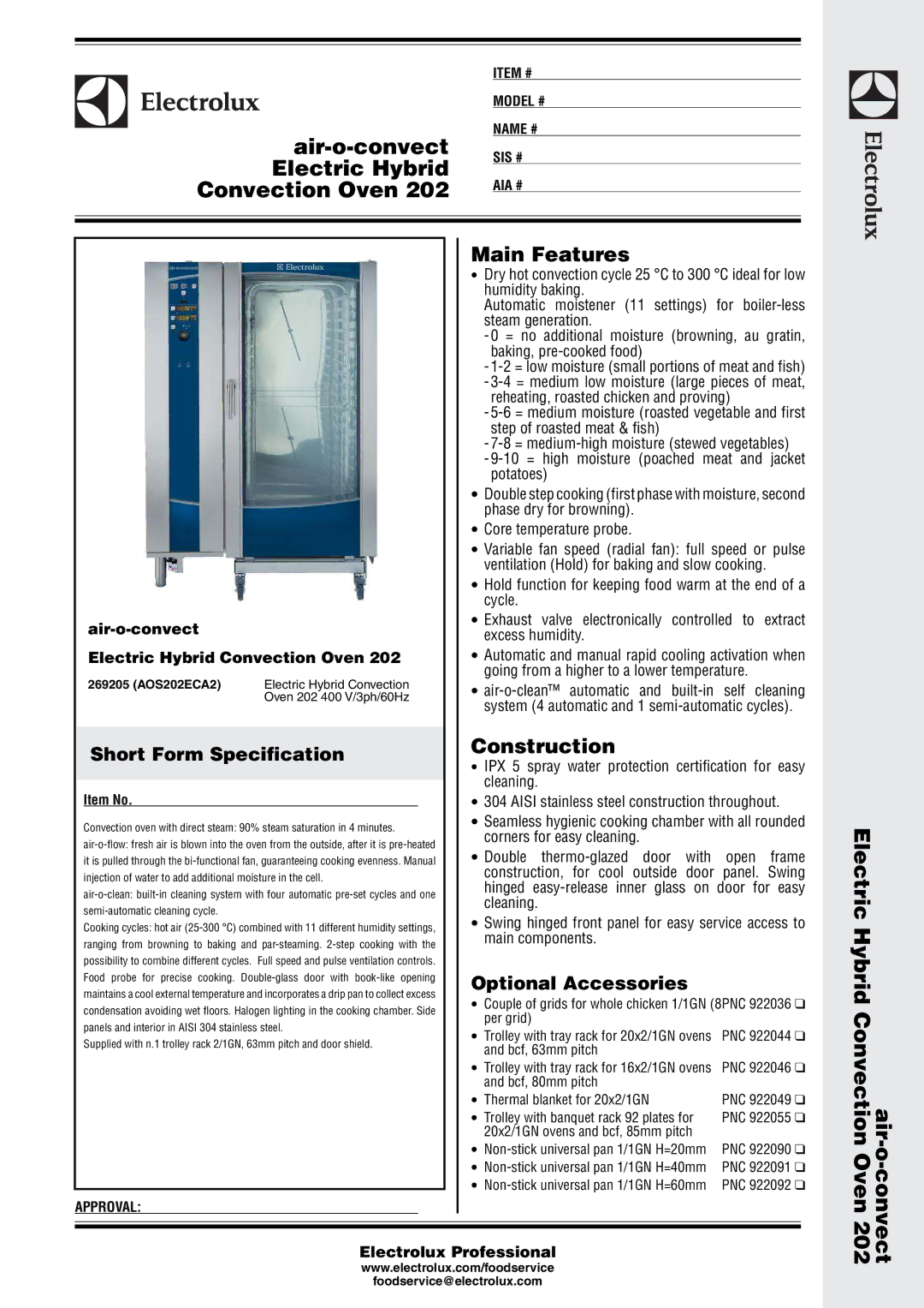 Electrolux 202 manual Short Form Specification, Optional Accessories 