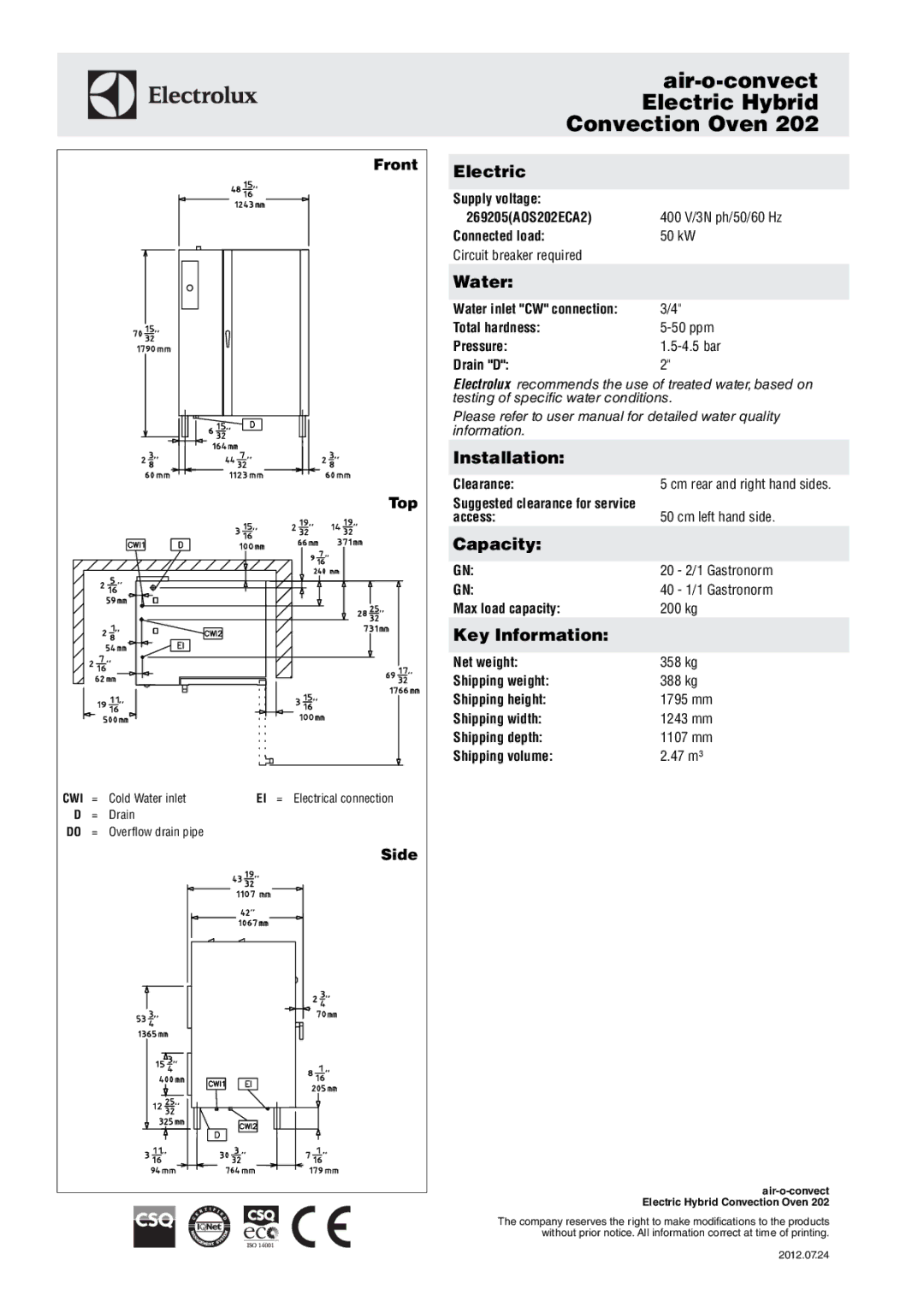 Electrolux 202 manual Electric, Water, Installation, Capacity, Key Information 