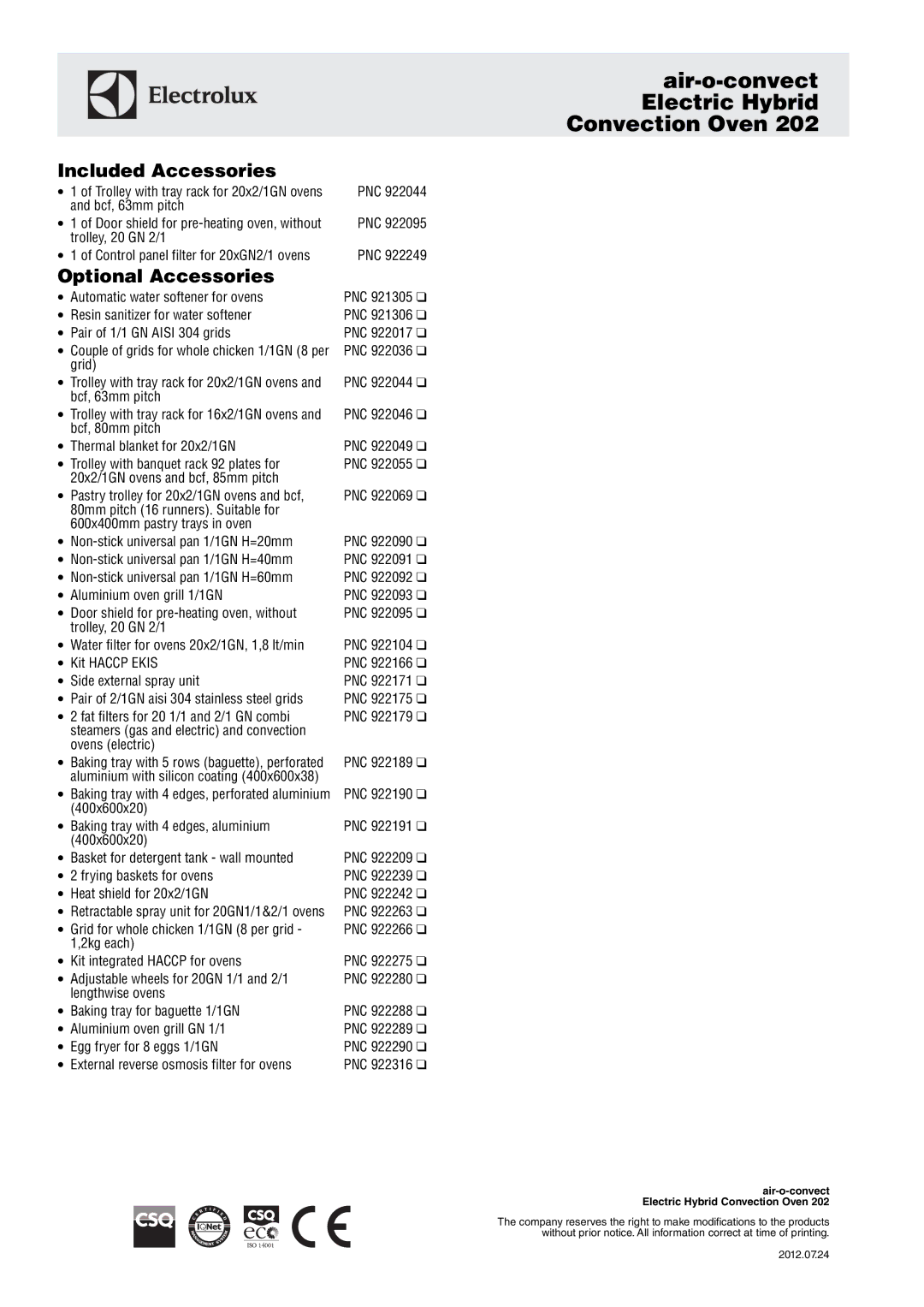 Electrolux 202 manual Included Accessories 