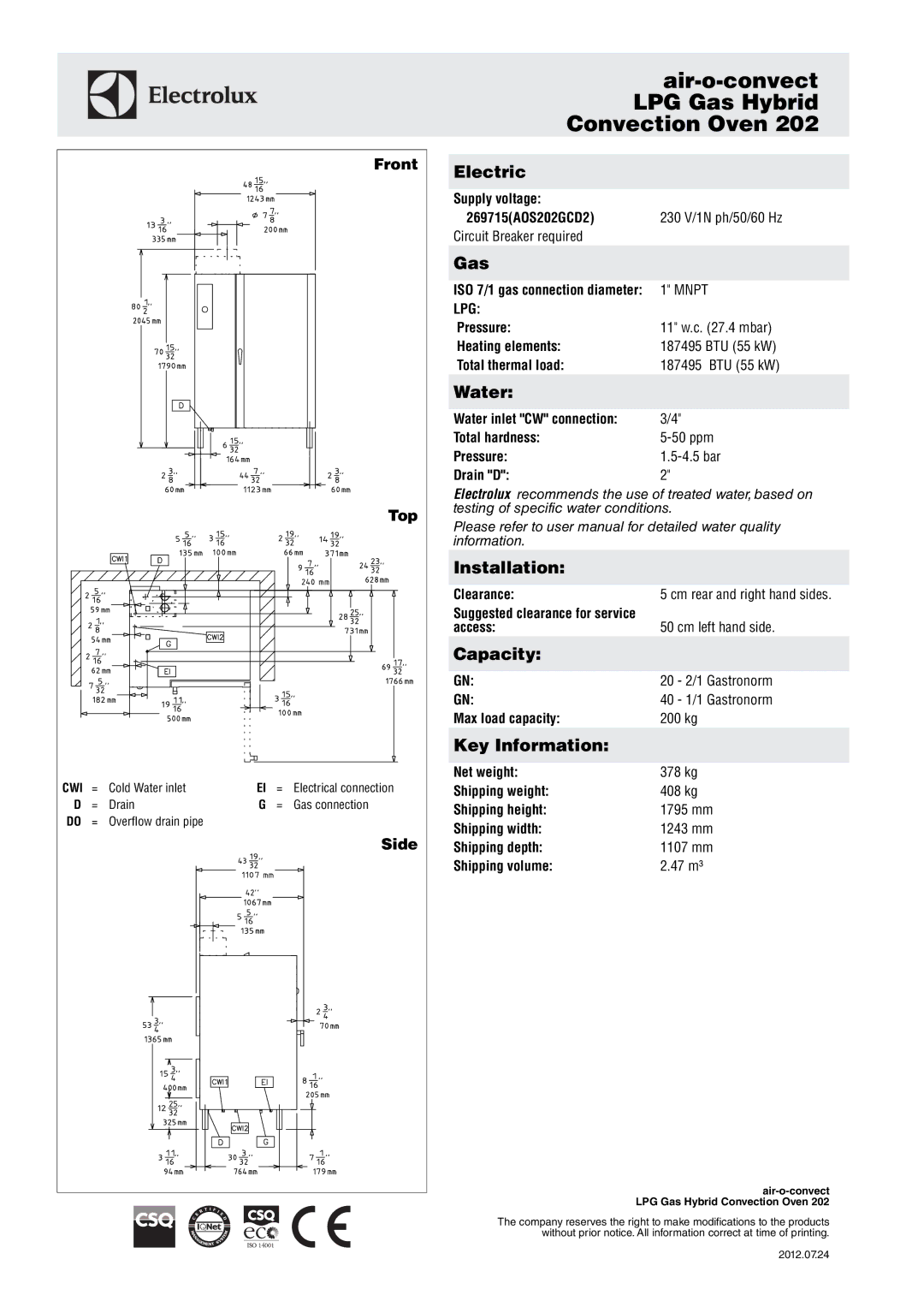 Electrolux 202 manual Electric, Gas, Water, Installation, Capacity, Key Information 