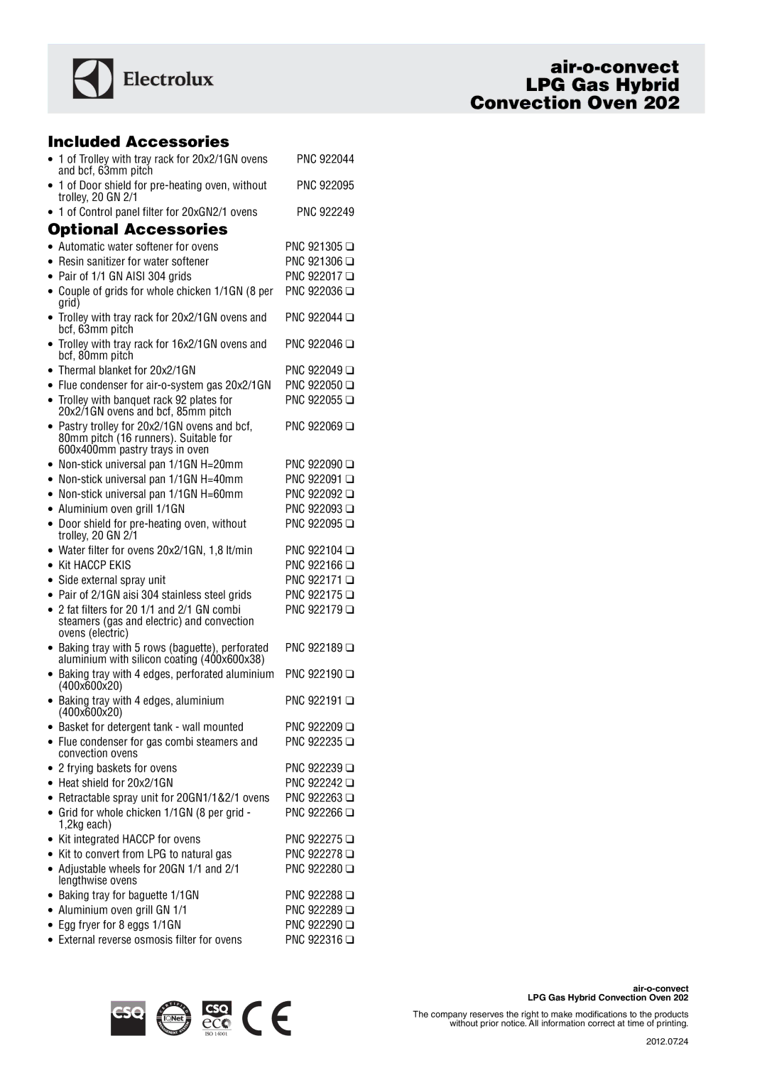 Electrolux 202 manual Included Accessories 