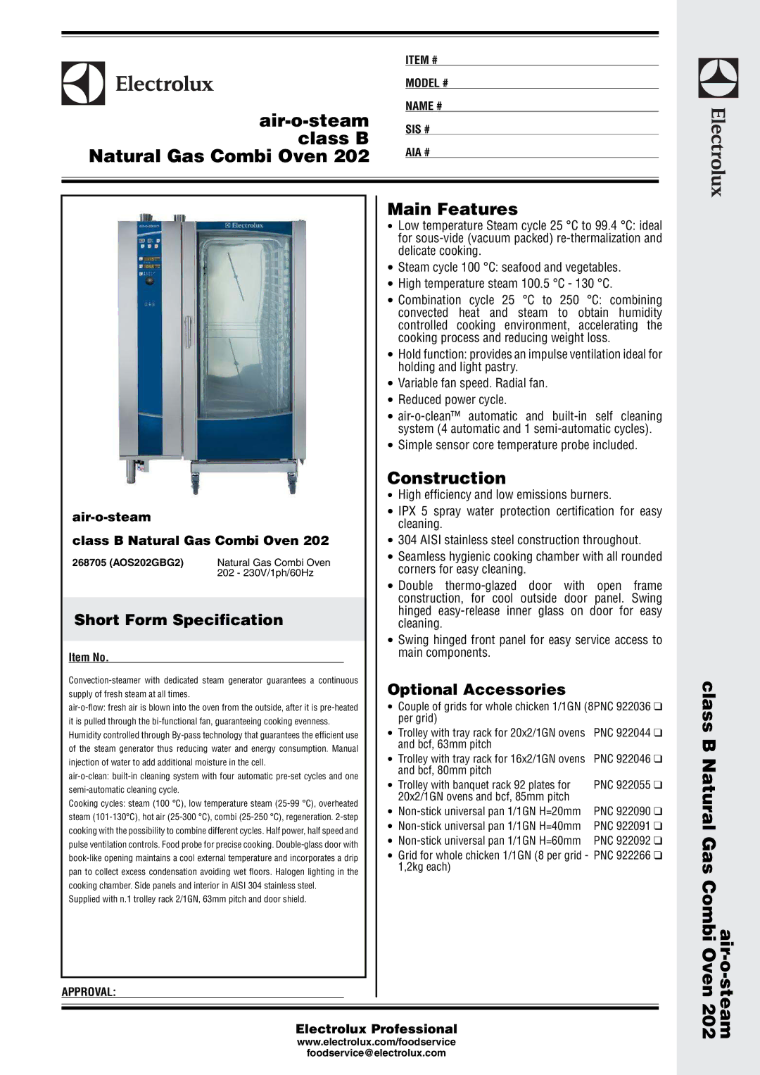 Electrolux 202 manual Short Form Specification, Optional Accessories 