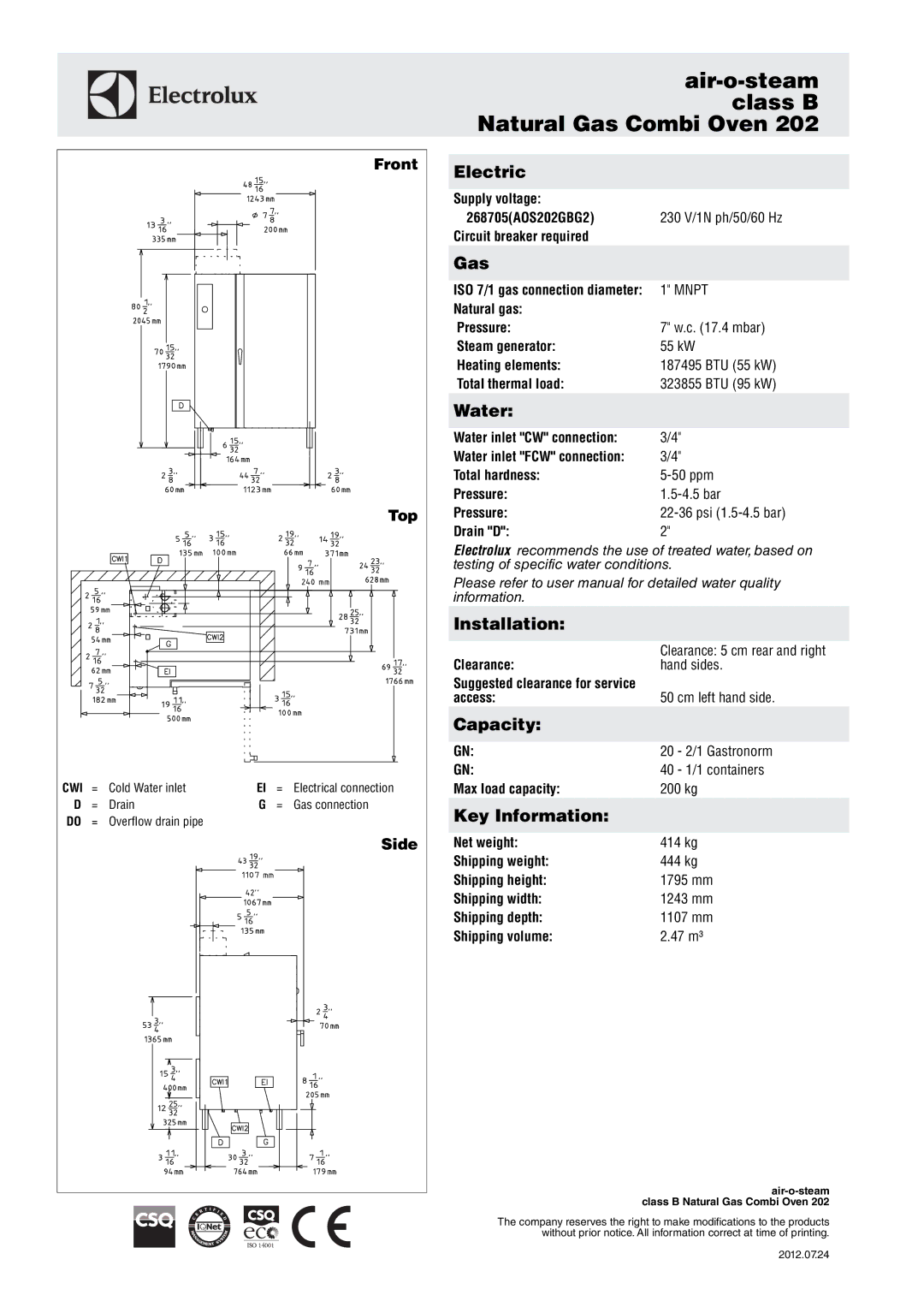 Electrolux 202 manual Electric, Gas, Water, Installation, Capacity, Key Information 