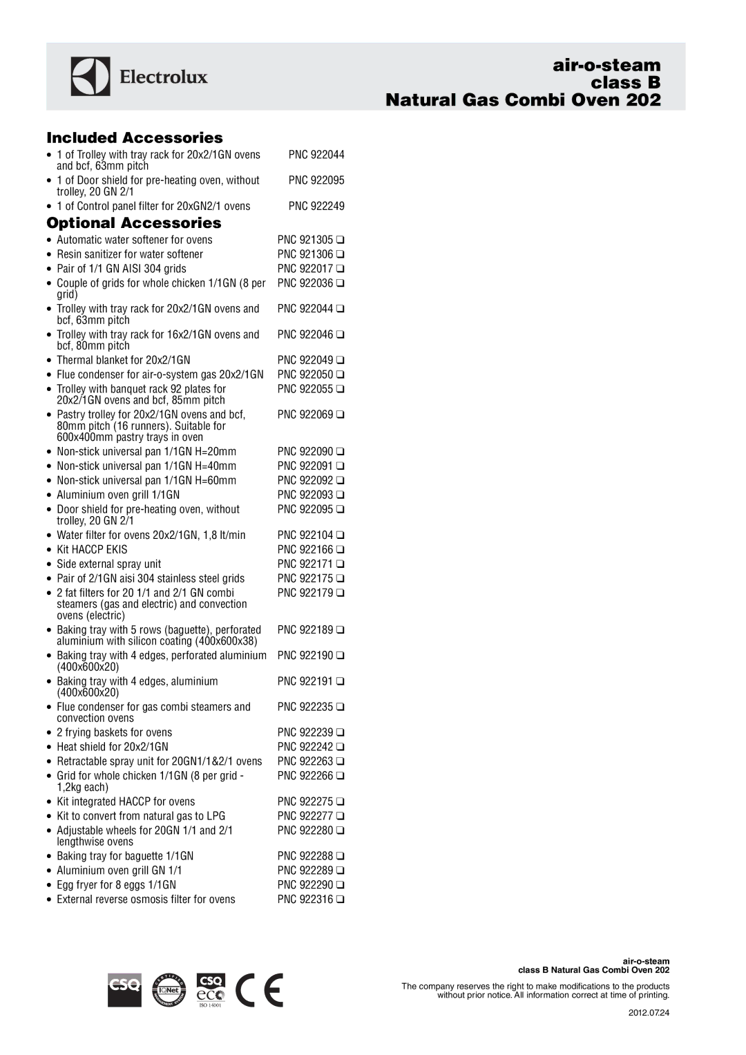 Electrolux 202 manual Included Accessories, ∙ 1 of Trolley with tray rack for 20x2/1GN ovens, Pnc 