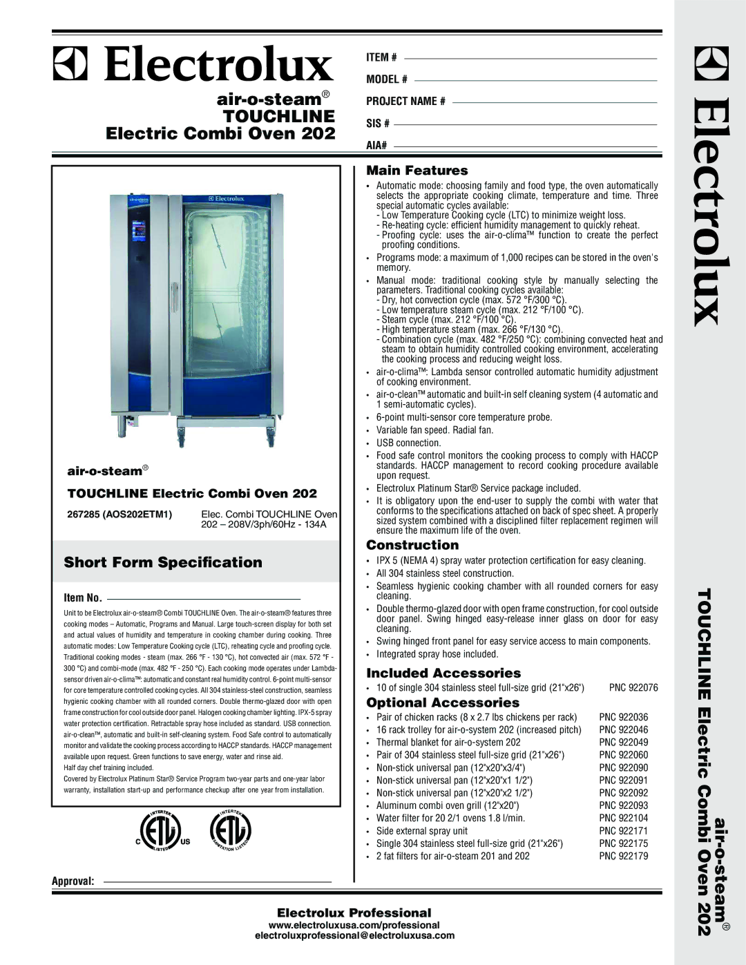 Electrolux 202 warranty Main Features, Construction, Included Accessories, Optional Accessories 