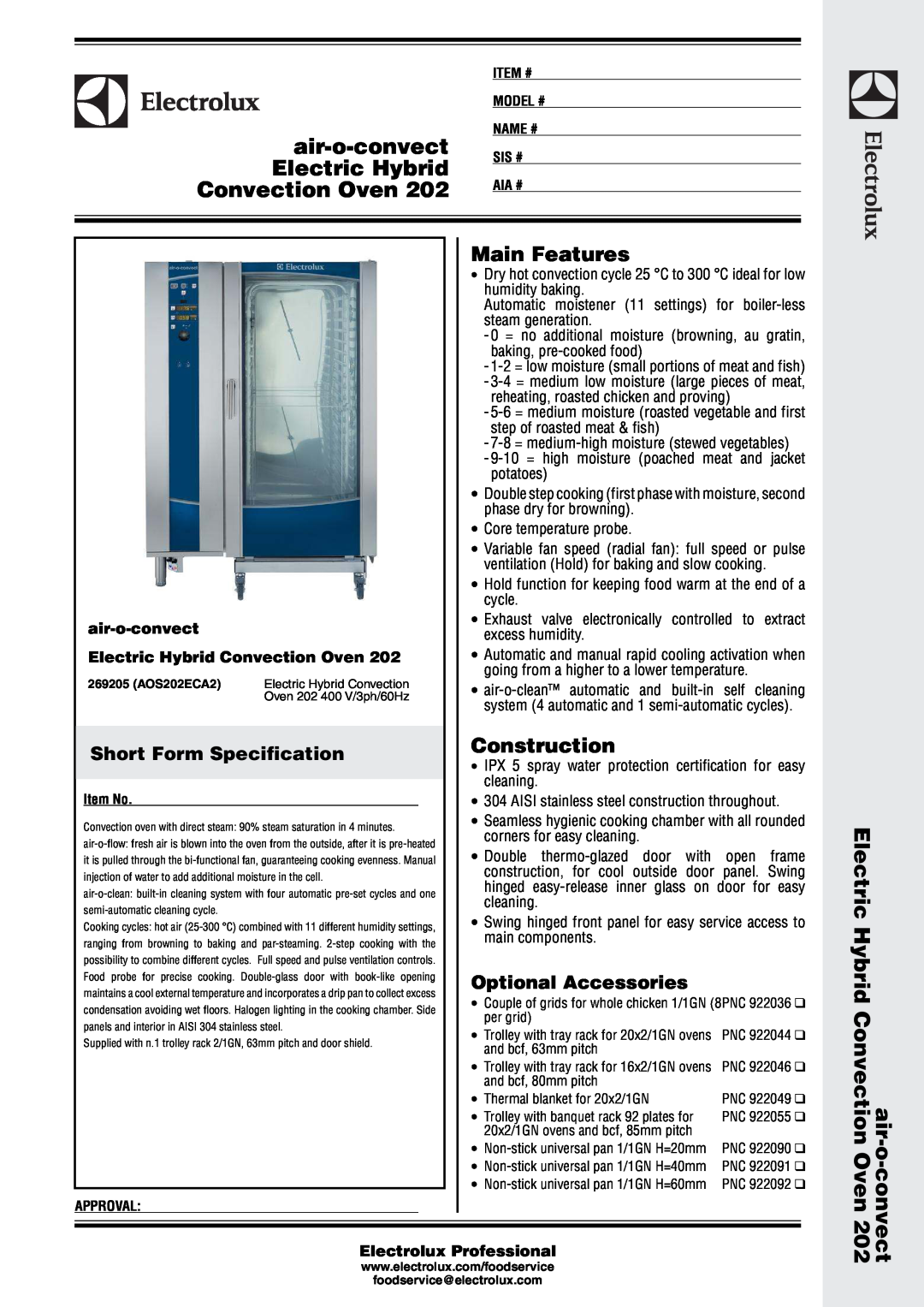 Electrolux 202 manual air-o-steam class B Natural Gas Combi Oven, Short Form Specification, Main Features 