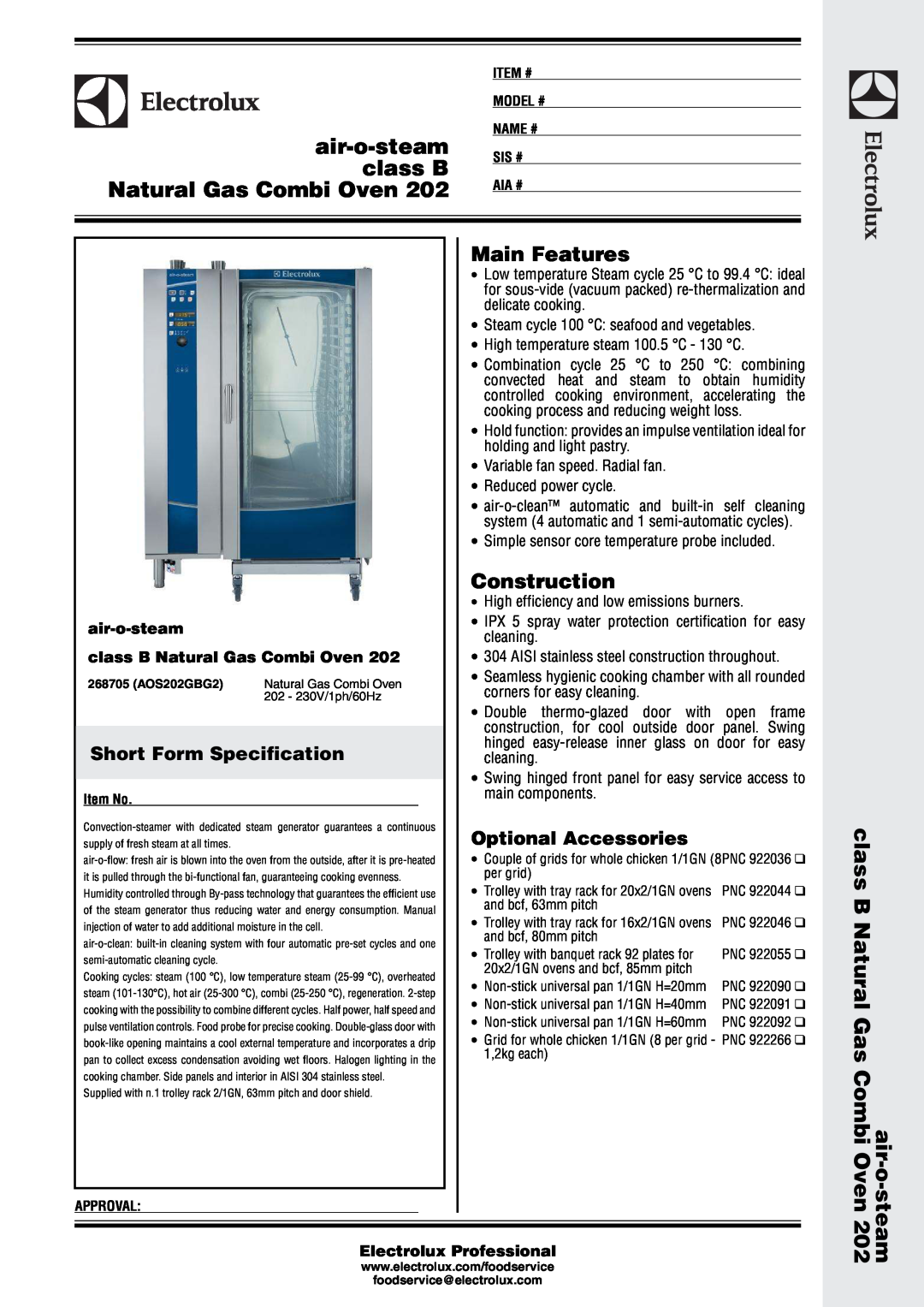 Electrolux 202 manual air-o-steam class B Natural Gas Combi Oven, Short Form Specification, Main Features 