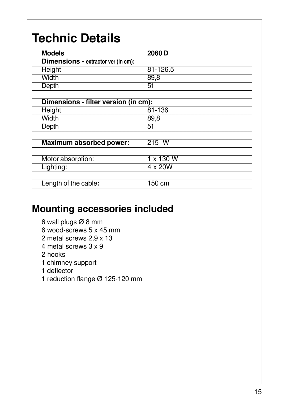 Electrolux Technic Details, Mounting accessories included, Models 2060 D, Dimensions filter version in cm 