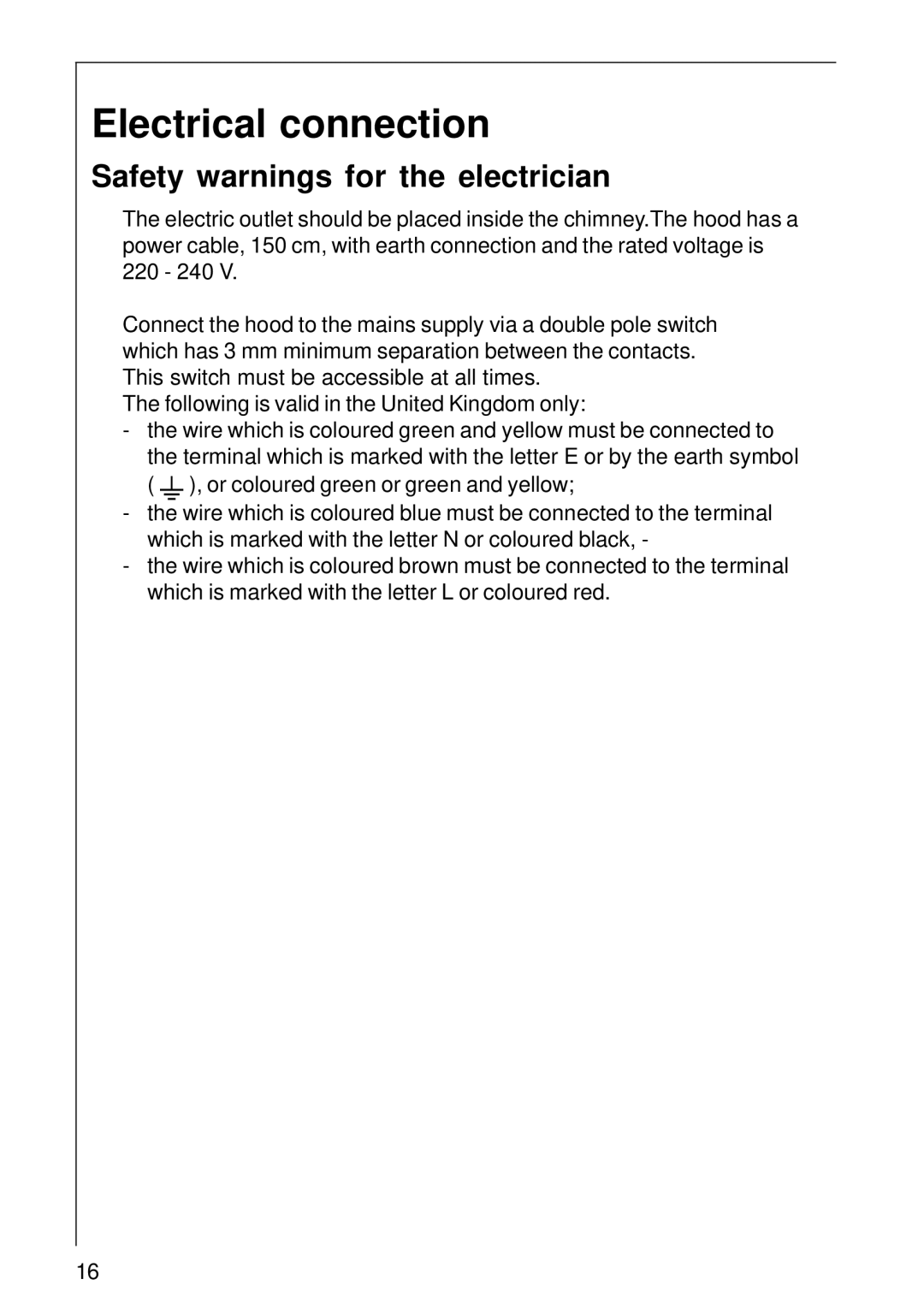 Electrolux 2060 D installation instructions Electrical connection, Safety warnings for the electrician 