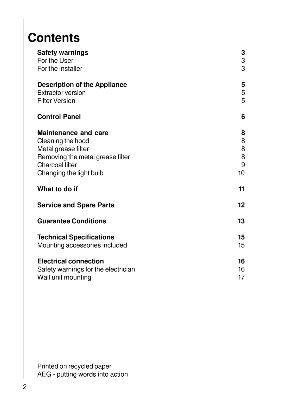 Electrolux 2060 D installation instructions Contents 