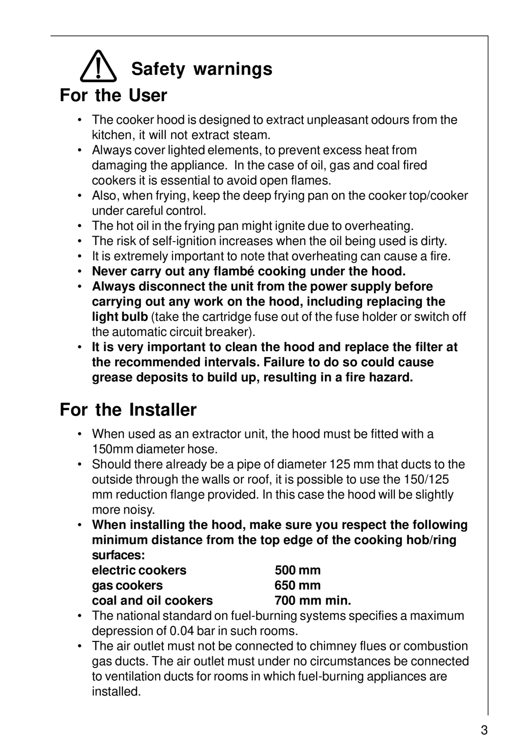 Electrolux 2060 D installation instructions Safety warnings For the User, For the Installer 