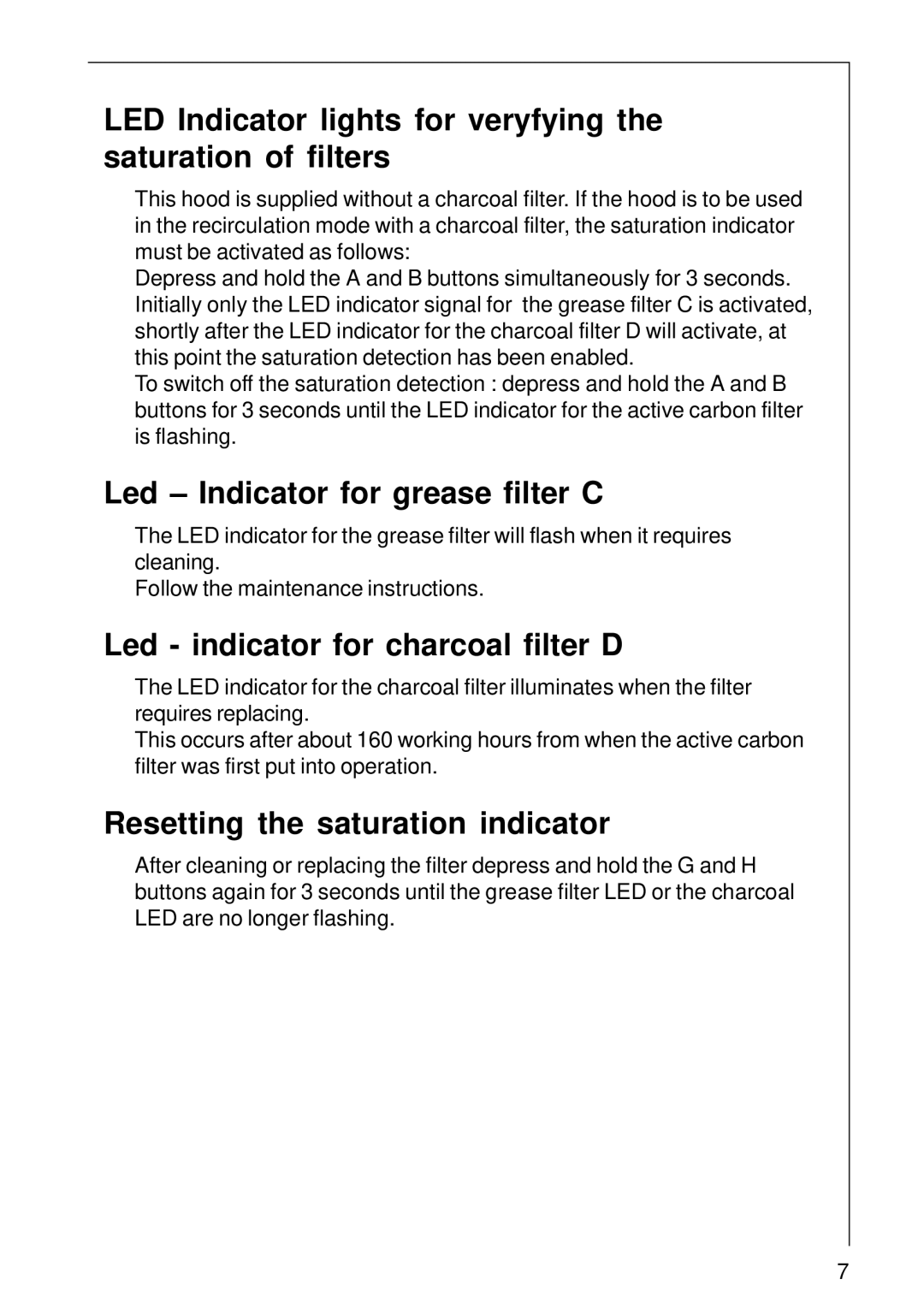 Electrolux 2060 D installation instructions Led Indicator for grease filter C, Led indicator for charcoal filter D 