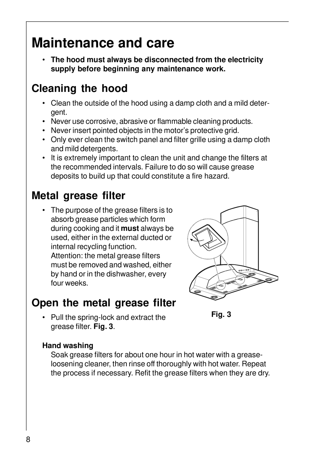 Electrolux 2060 D Maintenance and care, Cleaning the hood, Metal grease filter, Open the metal grease filter, Hand washing 