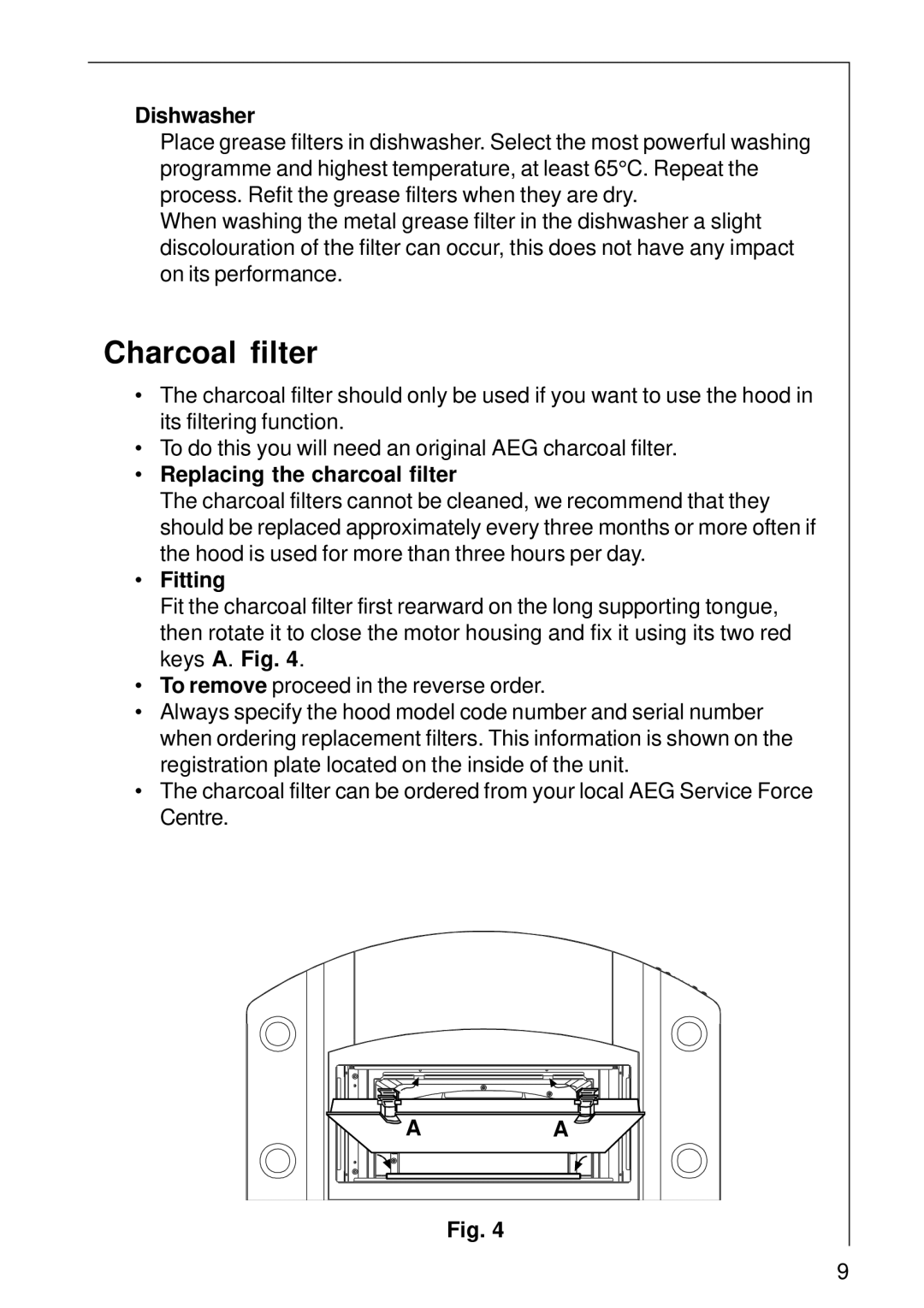 Electrolux 2060 D installation instructions Charcoal filter, Dishwasher, Replacing the charcoal filter, Fitting 