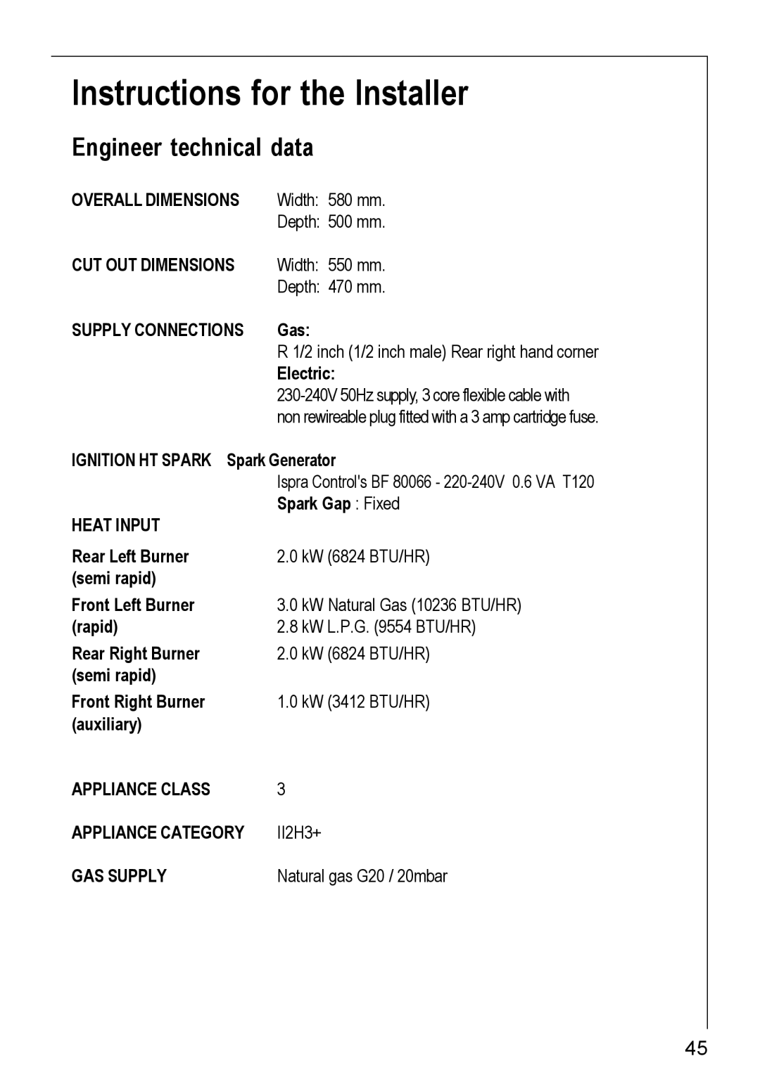 Electrolux G-11602, G-21602, 20604 G - 21604 Instructions for the Installer, Engineer technical data 