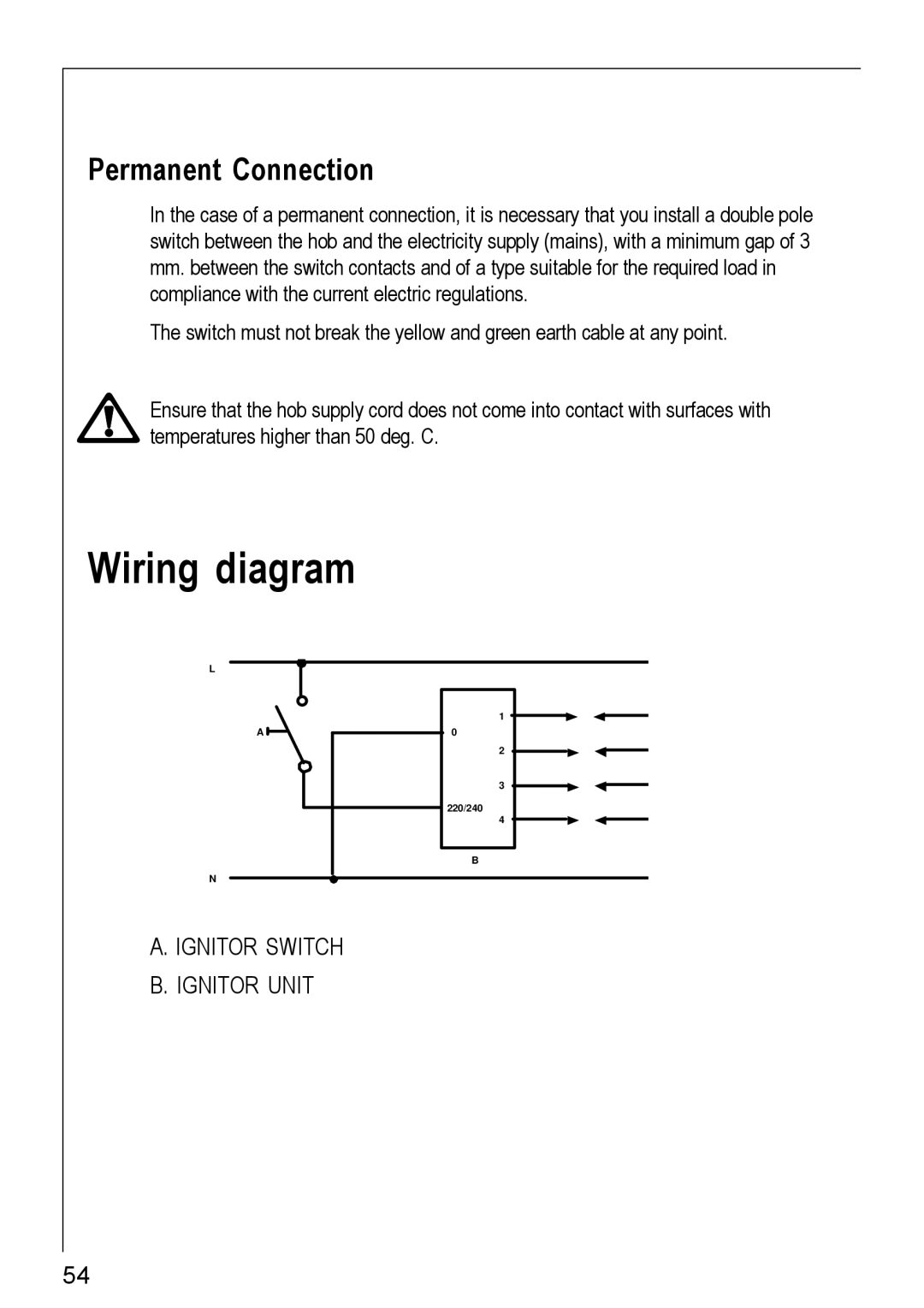 Electrolux 20604 G - 21604, G-11602, G-21602 installation instructions Wiring diagram, Permanent Connection 