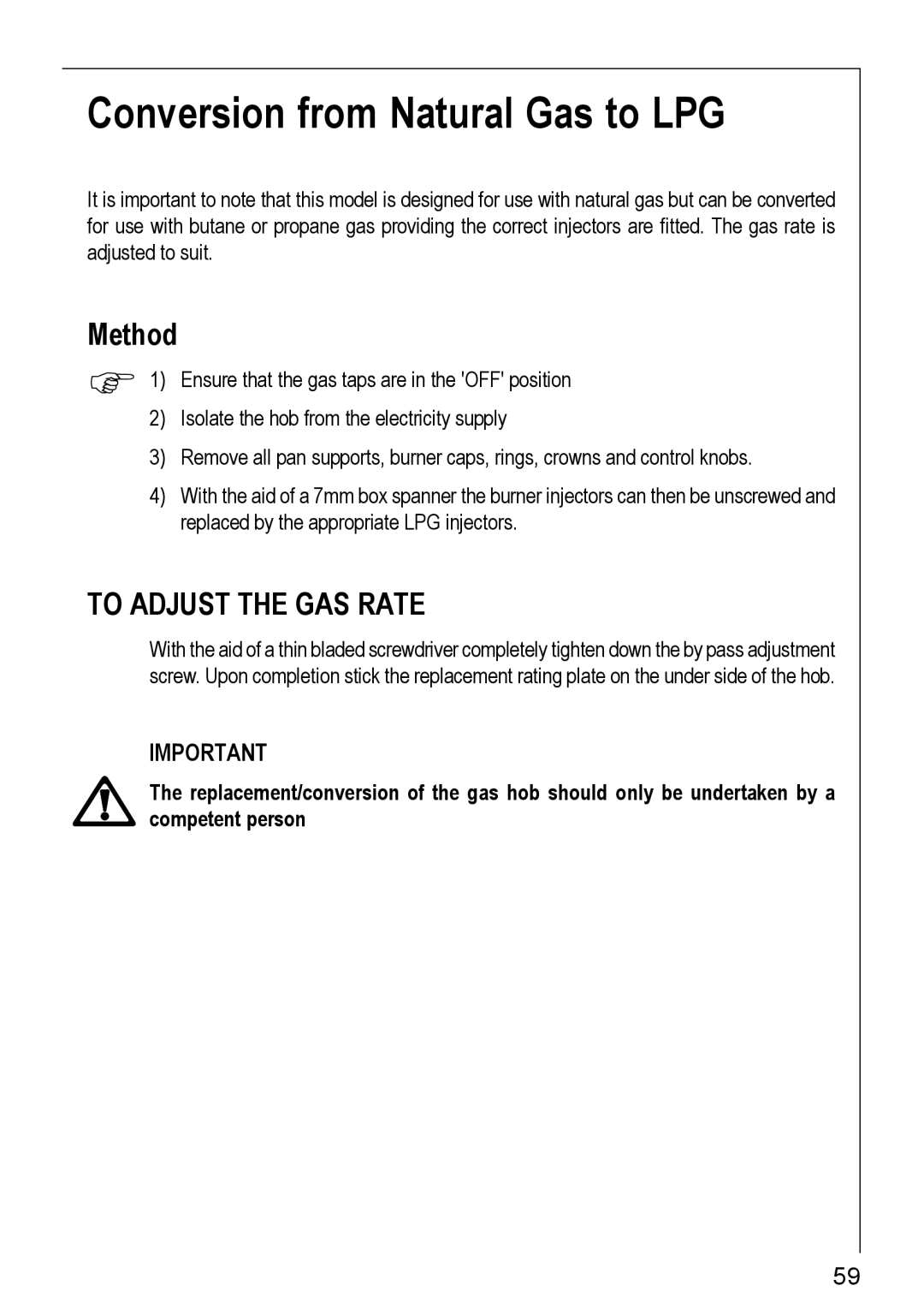 Electrolux G-11602, G-21602, 20604 G - 21604 installation instructions Conversion from Natural Gas to LPG, Method 