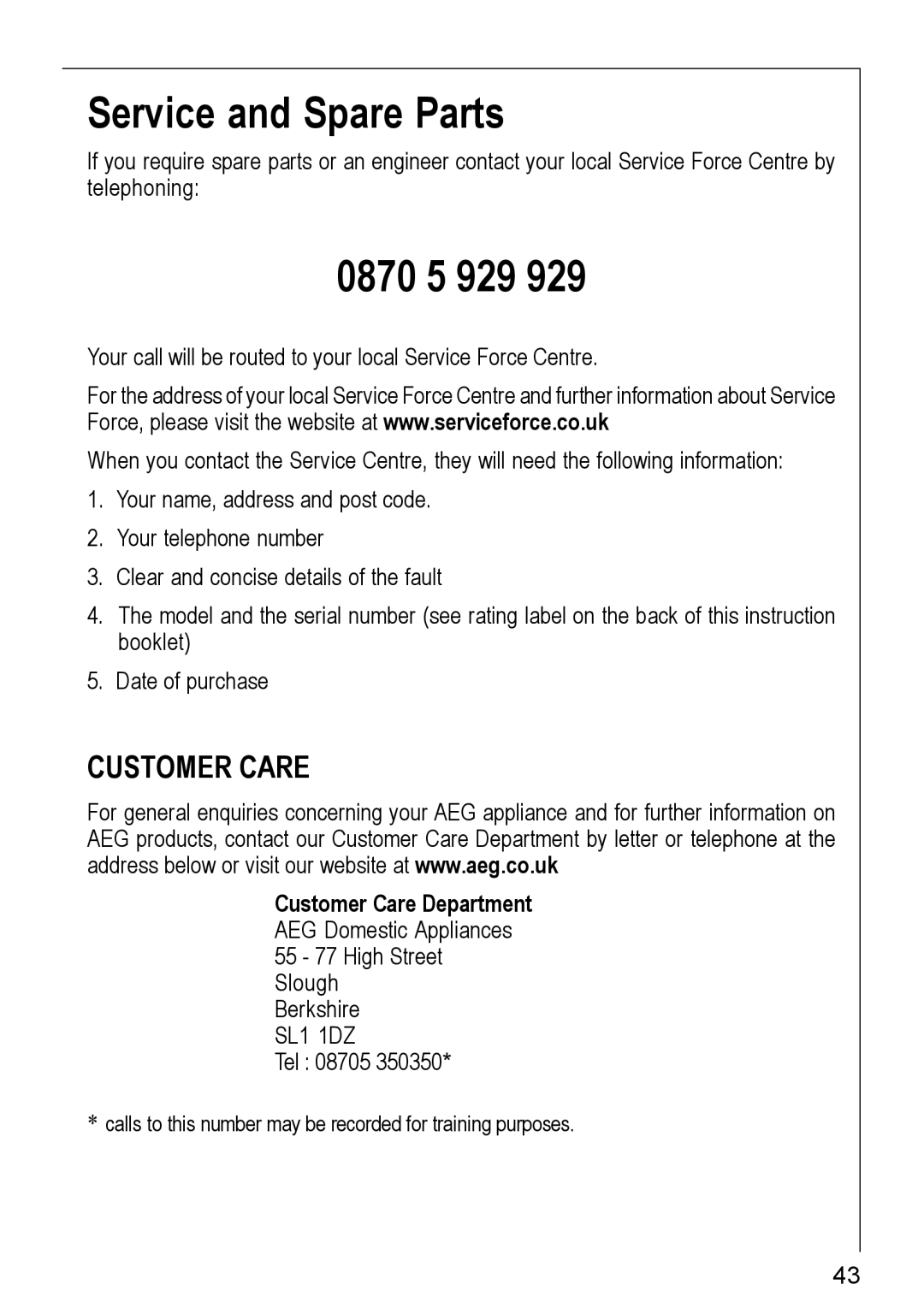 Electrolux G-11602, G-21602, 20604 G - 21604 installation instructions Service and Spare Parts, 0870 5 929 