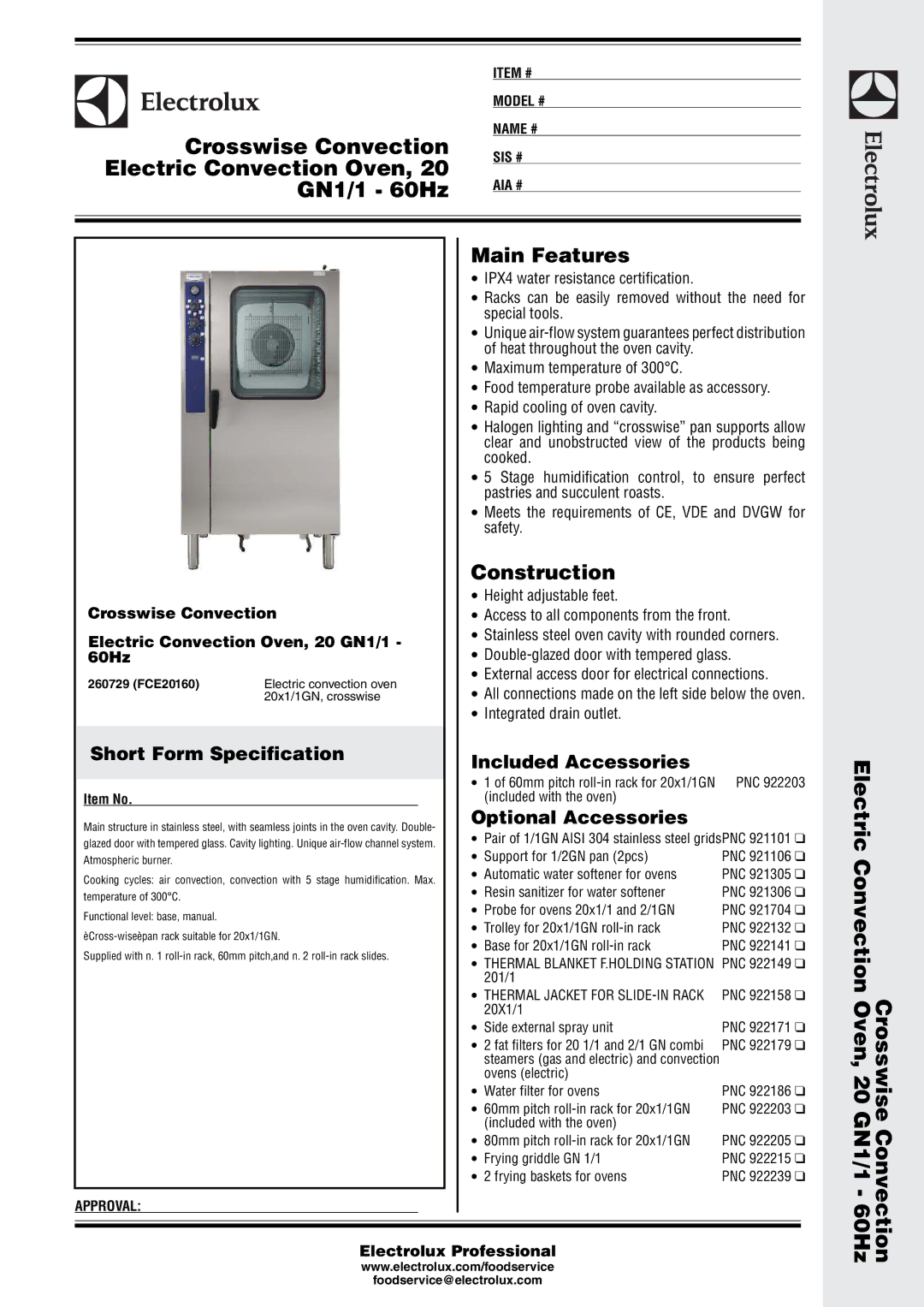 Electrolux 20GN1/1-60HZ manual Crosswise Convection, Electric Convection Oven GN1/1 60Hz, Main Features, Construction 