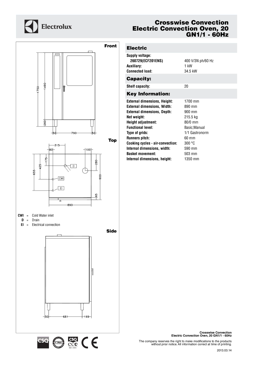 Electrolux 20GN1/1-60HZ manual Crosswise Convection Electric Convection Oven GN1/1 60Hz, Front Top, Side 