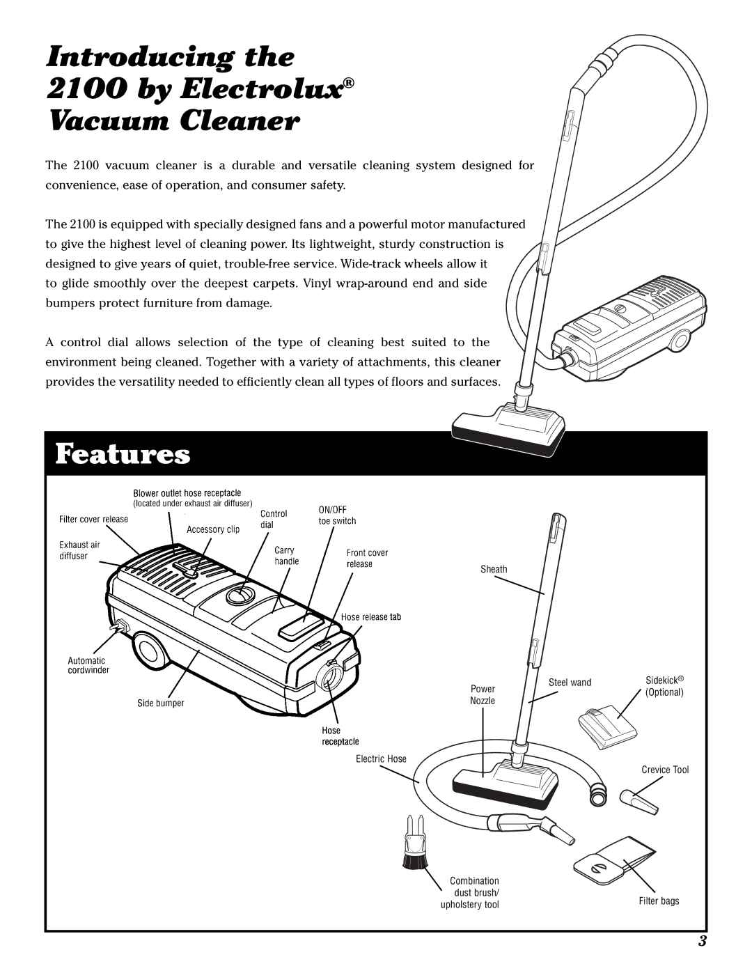 Electrolux 2100 manual Introducing the 21OO by Electrolux Vacuum Cleaner, Features 