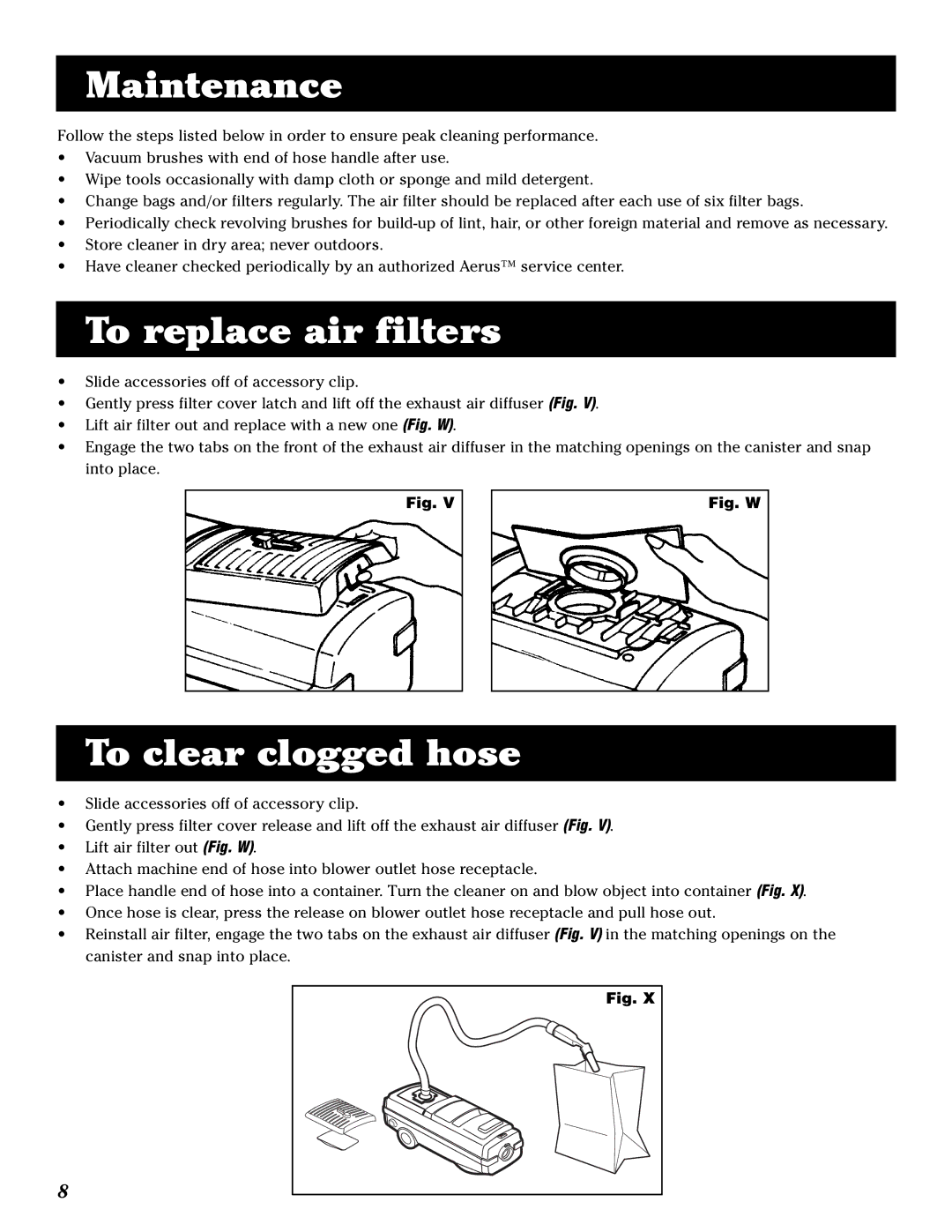 Electrolux 2100 manual Maintenance, To replace air filters, To clear clogged hose 