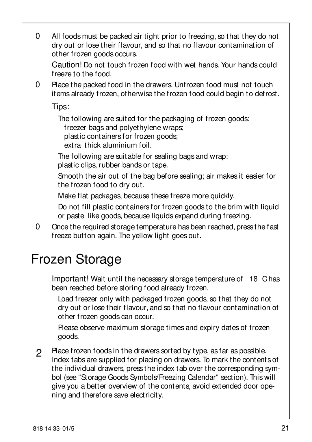 Electrolux 2150-6GS manual Frozen Storage, Tips 