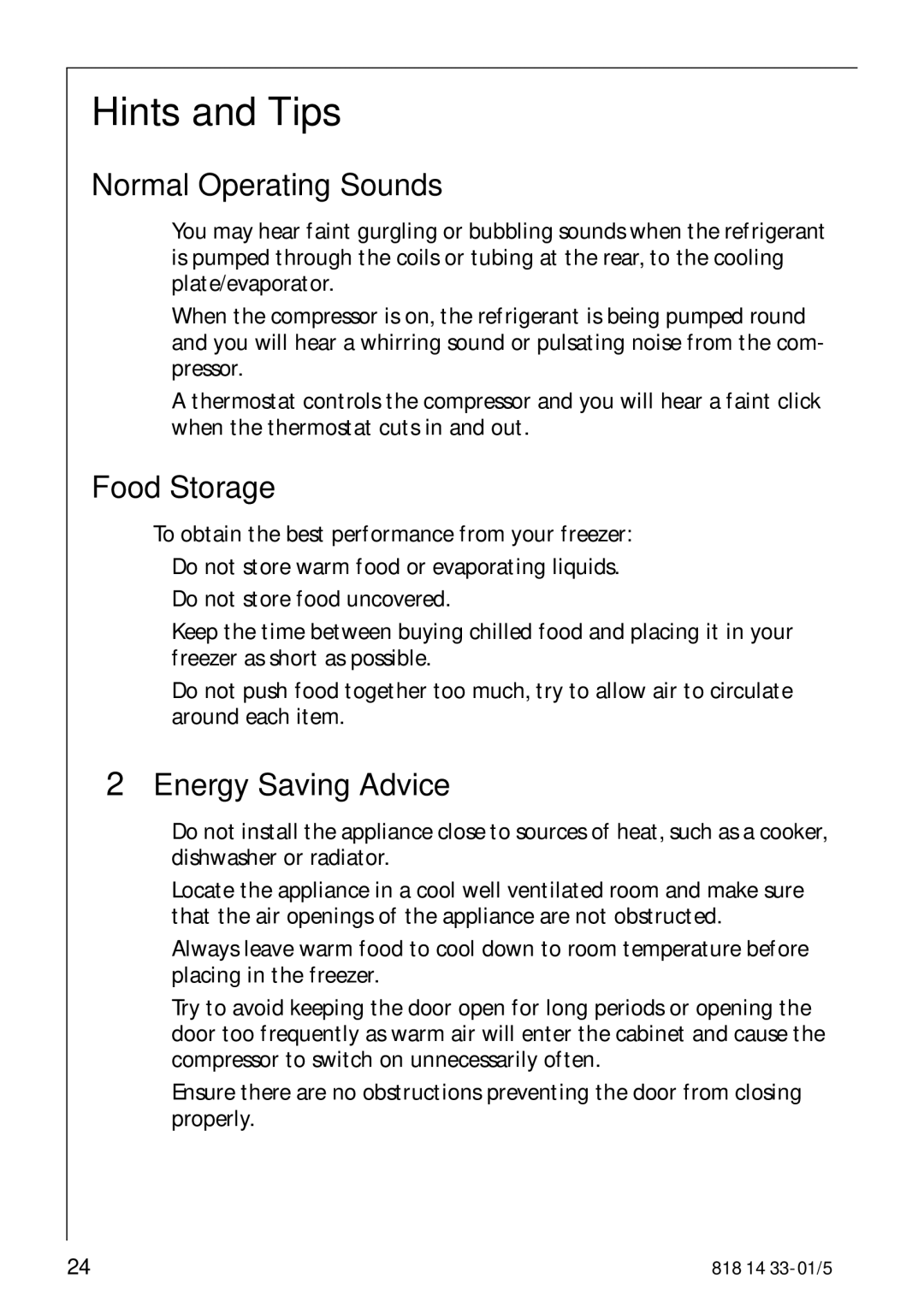 Electrolux 2150-6GS manual Hints and Tips, Normal Operating Sounds, Food Storage, Energy Saving Advice 