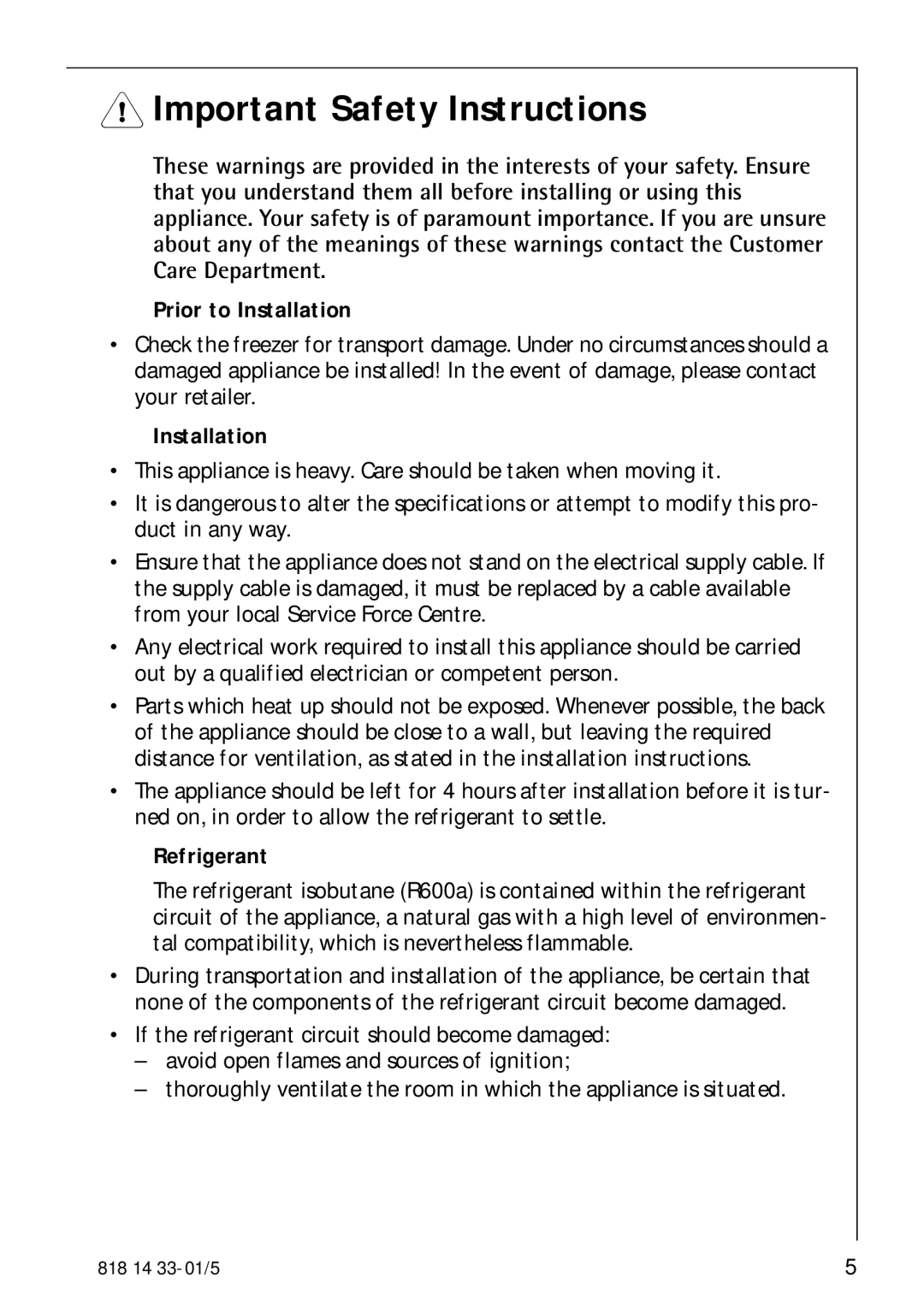 Electrolux 2150-6GS manual Important Safety Instructions, Prior to Installation, Refrigerant 