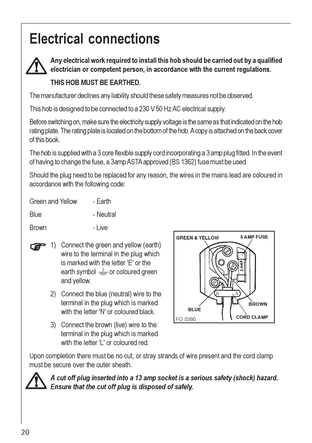 Electrolux 21602 G manual Electrical connections, This HOB Must be Earthed 